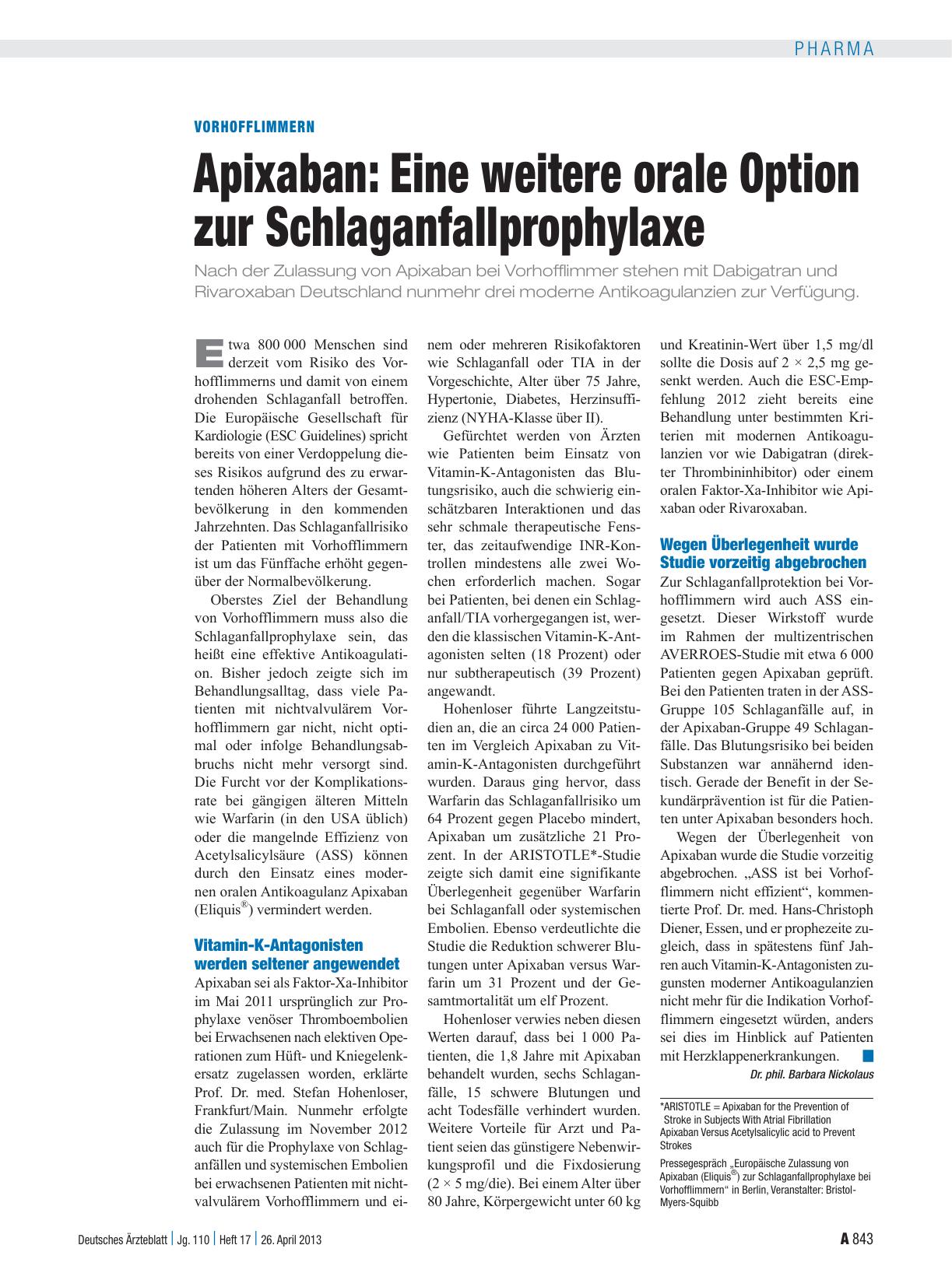 Vorschauseite 1: Vorhofflimmern: Apixaban: Eine weitere orale Option zur Schlaganfallprophylaxe