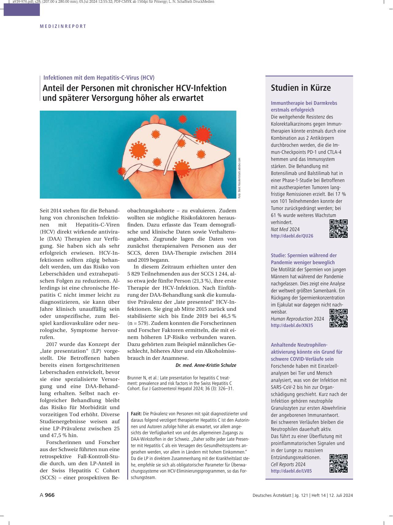 Vorschauseite 1: Infektionen mit dem Hepatitis-C-Virus (HCV): Anteil der Personen mit chronischer HCV-Infektion und späterer Versorgung höher als erwartet.