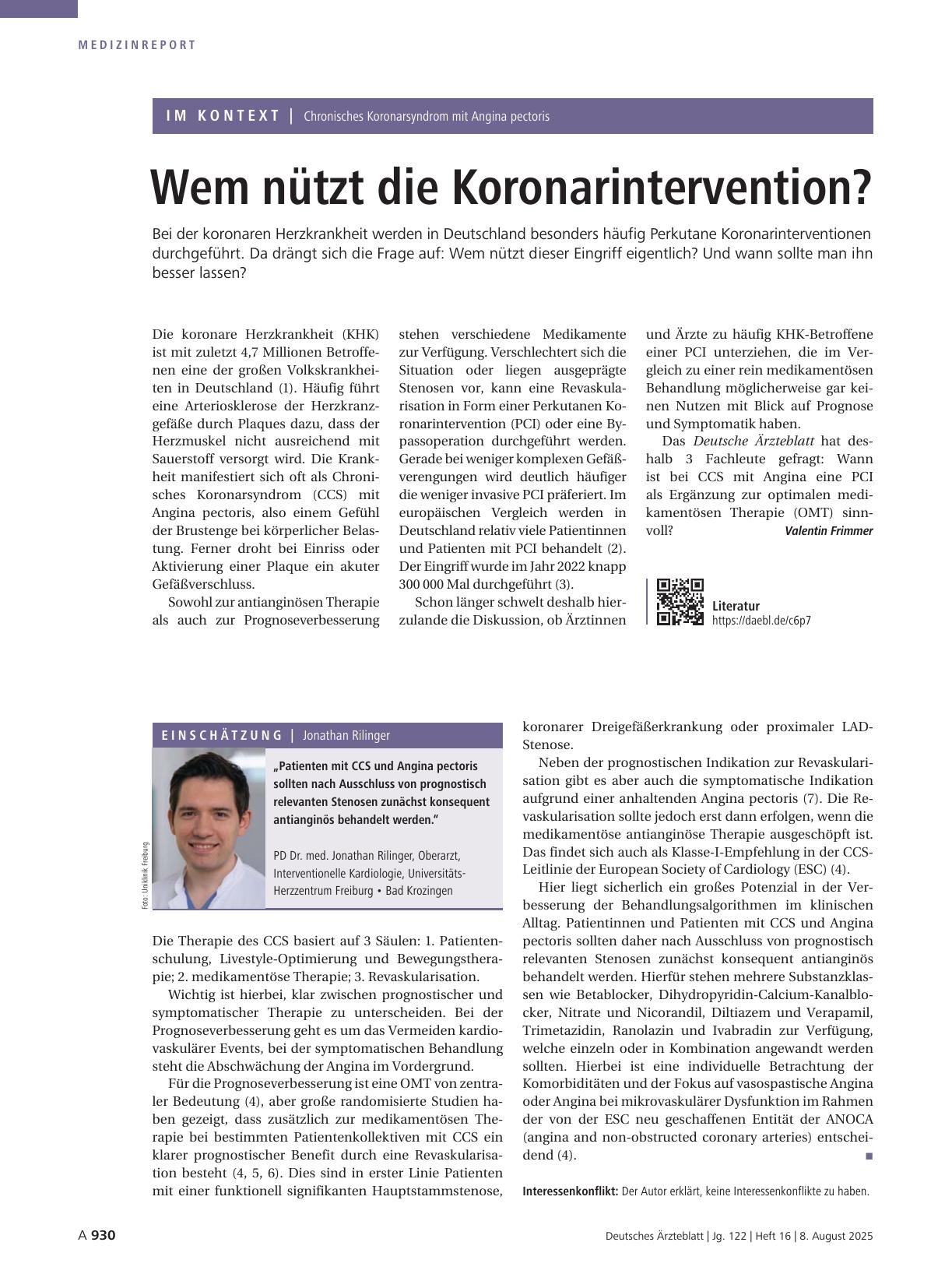 Vorschauseite 1: Chronisches Koronarsyndrom mit Angina pectoris: Wem nützt die Koronarintervention?
