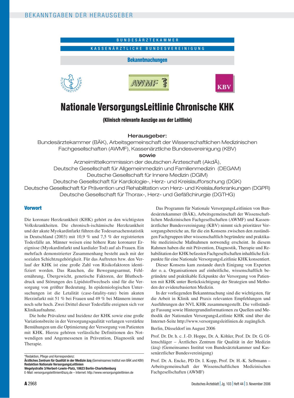 Vorschauseite 1: Bekanntmachungen: Nationale VersorgungsLeitlinie Chronische KHK (Klinisch relevante Auszüge aus der Leitlinie)