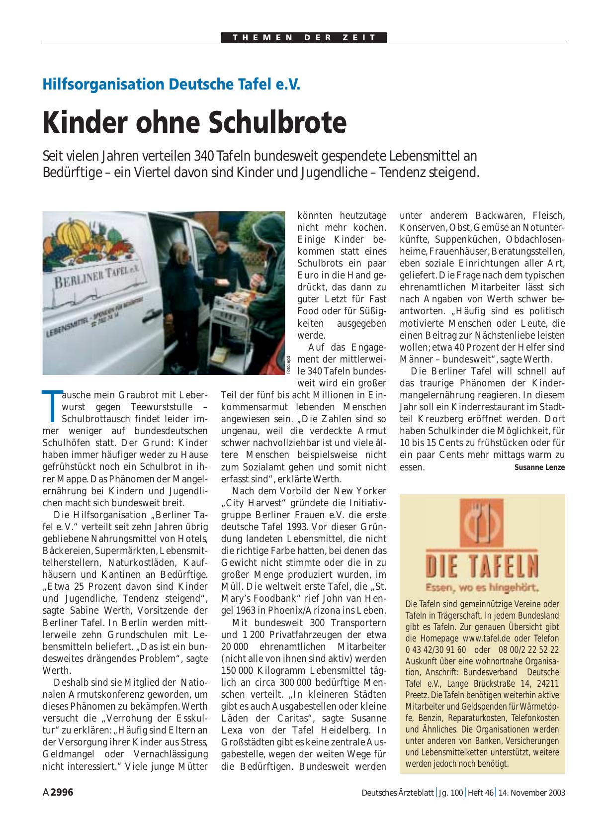 Vorschauseite 1: Hilfsorganisation Deutsche Tafel e. V. : Kinder ohne Schulbrote