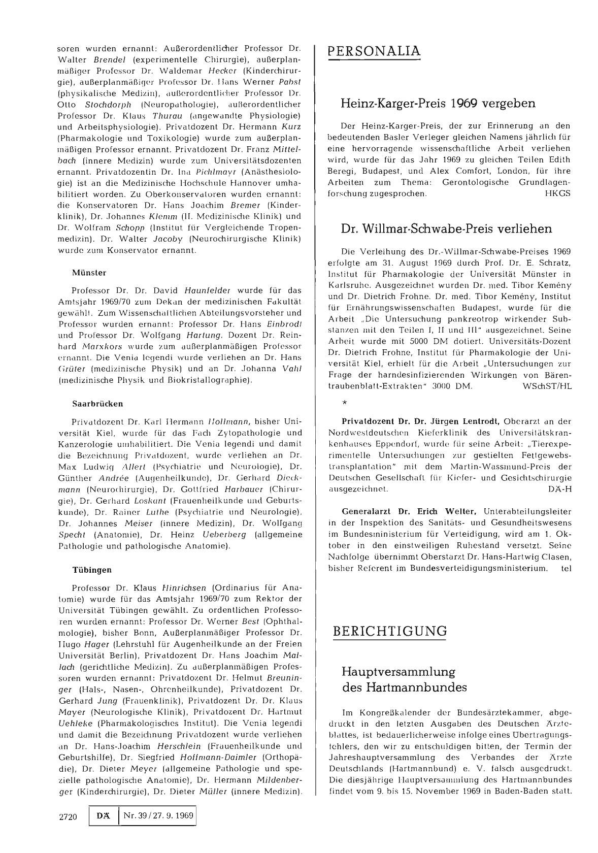 Vorschauseite 1: Heinz-Karger-Preis 1969 vergeben