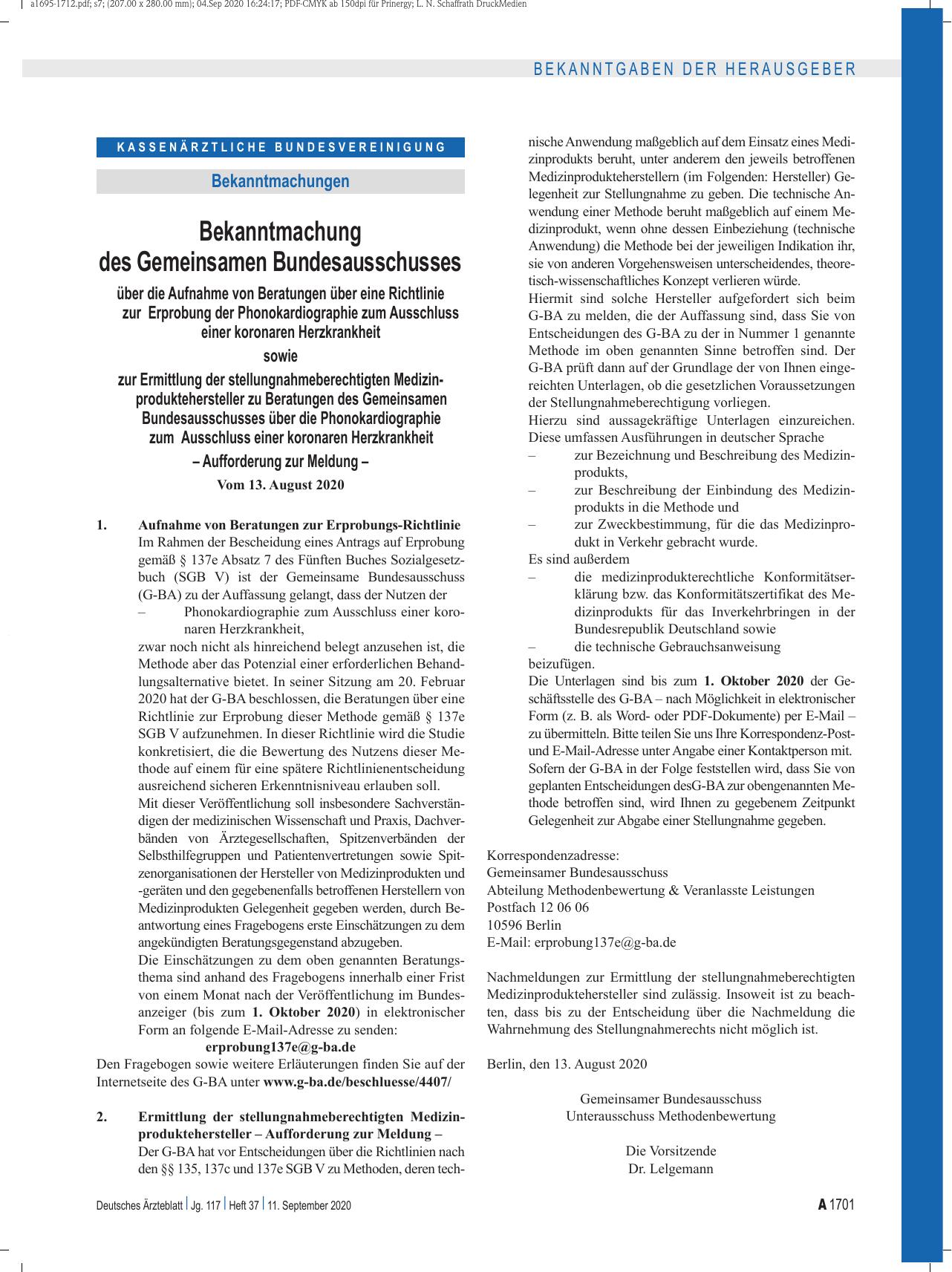 Vorschauseite 1: Bekanntmachung des Gemeinsamen Bundesausschusses über die Aufnahme von Beratungen über eine Richtlinie zur Erprobung der Phonokardiographie zum Ausschluss einer koronaren Herzkran…