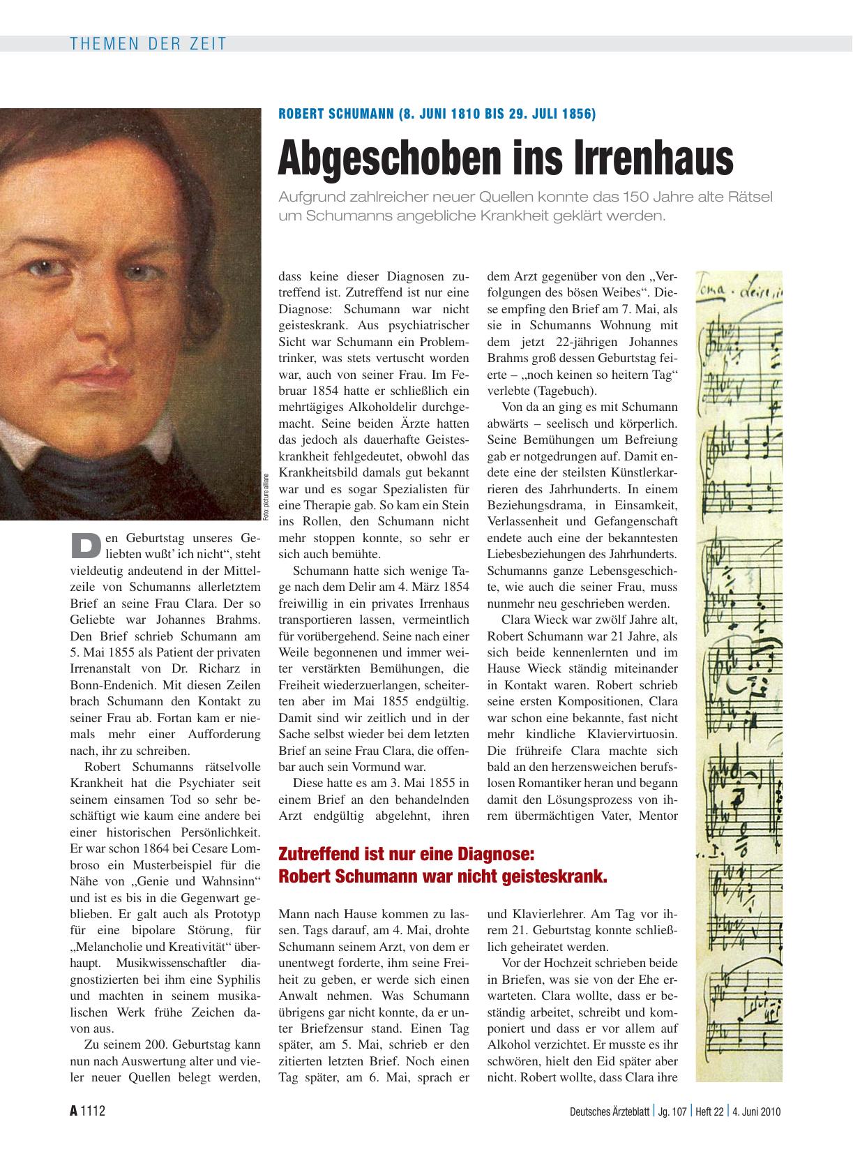 Vorschauseite 1: Robert Schumann (8. Juni 1810 bis 29. Juli 1856): Abgeschoben ins Irrenhaus