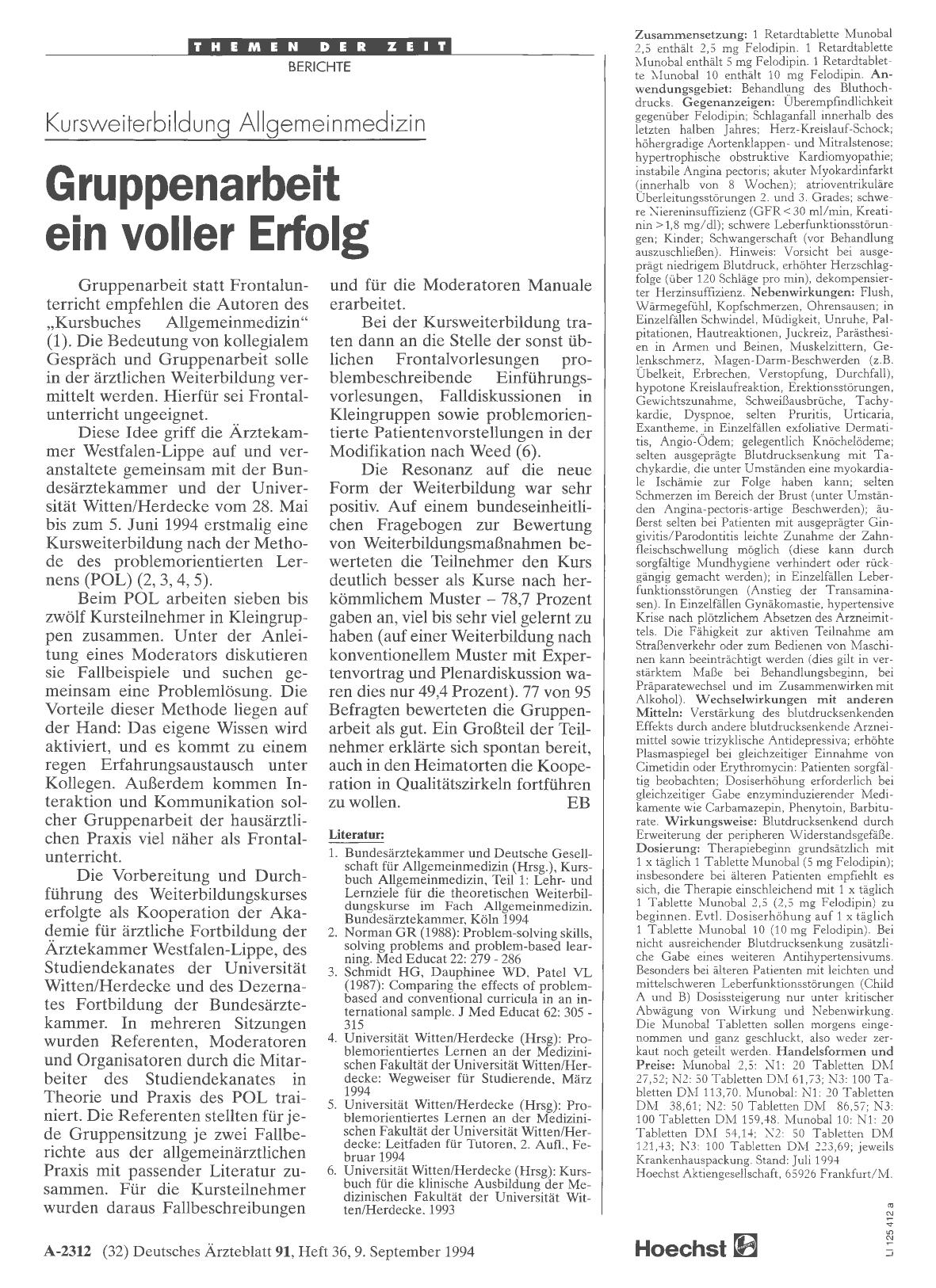 Vorschauseite 1: Kursweiterbildung Allgemeinmedizin: Gruppenarbeit ein voller Erfolg