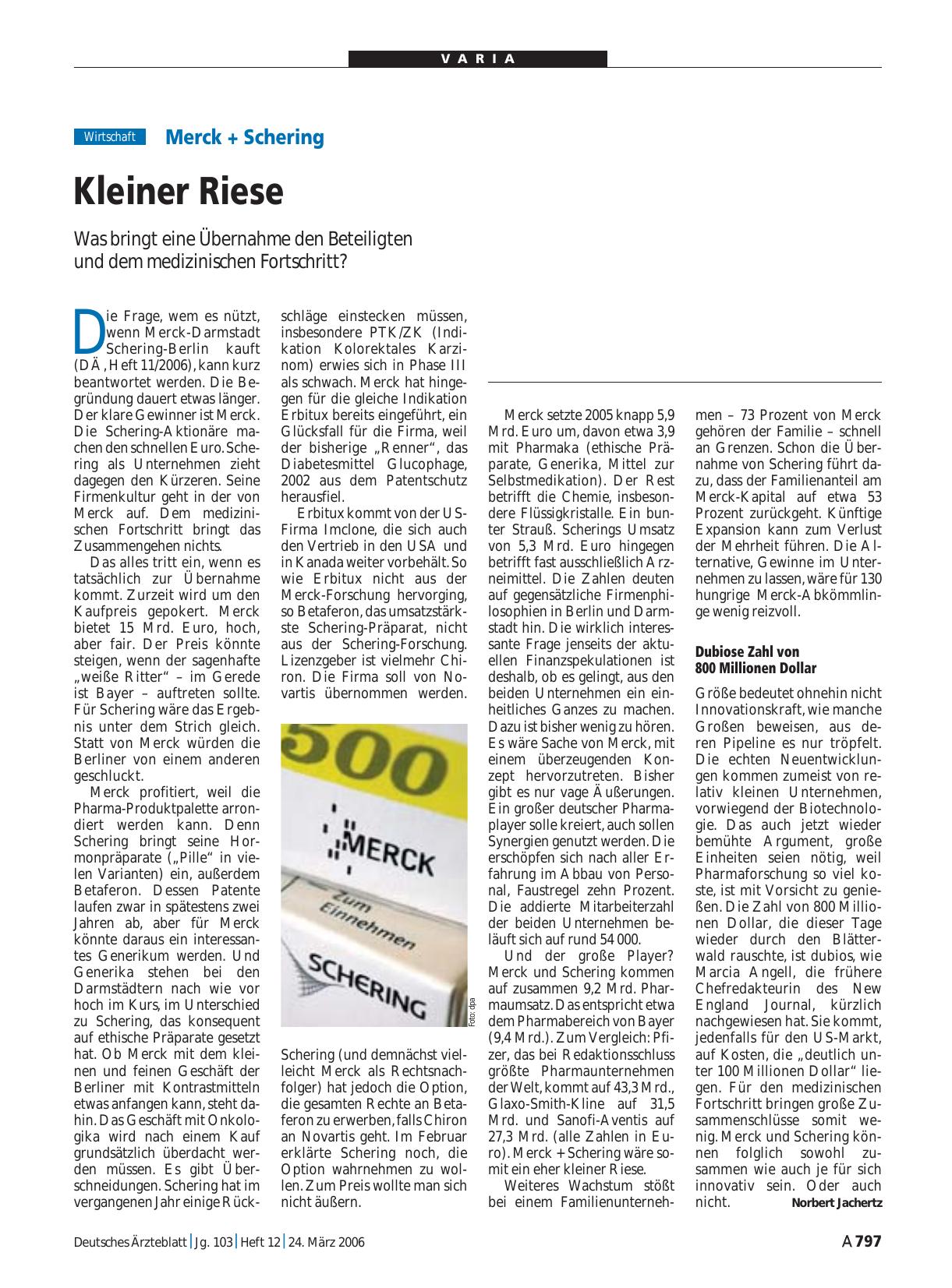 Vorschauseite 1: Merck + Schering: Kleiner Riese
