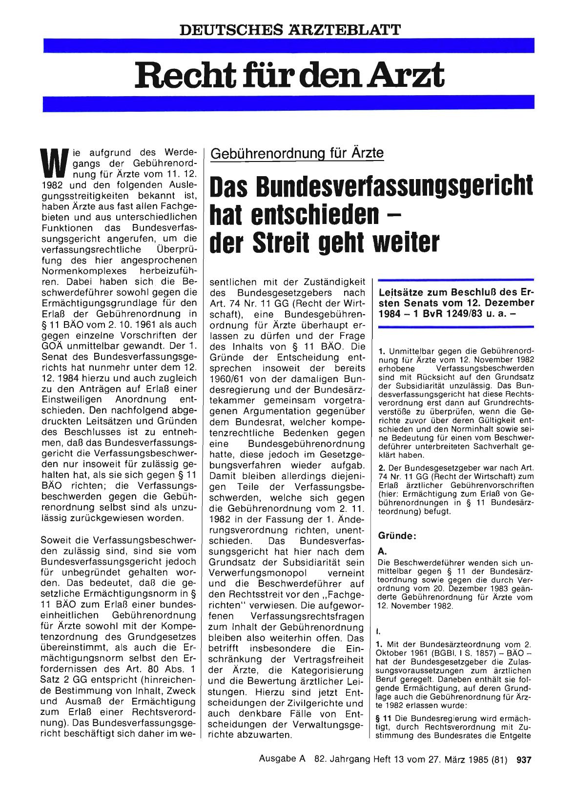 Vorschauseite 1: Gebührenordnung für Ärzte Das Bundesverfassungsgericht hat entschieden — der Streit geht weiter