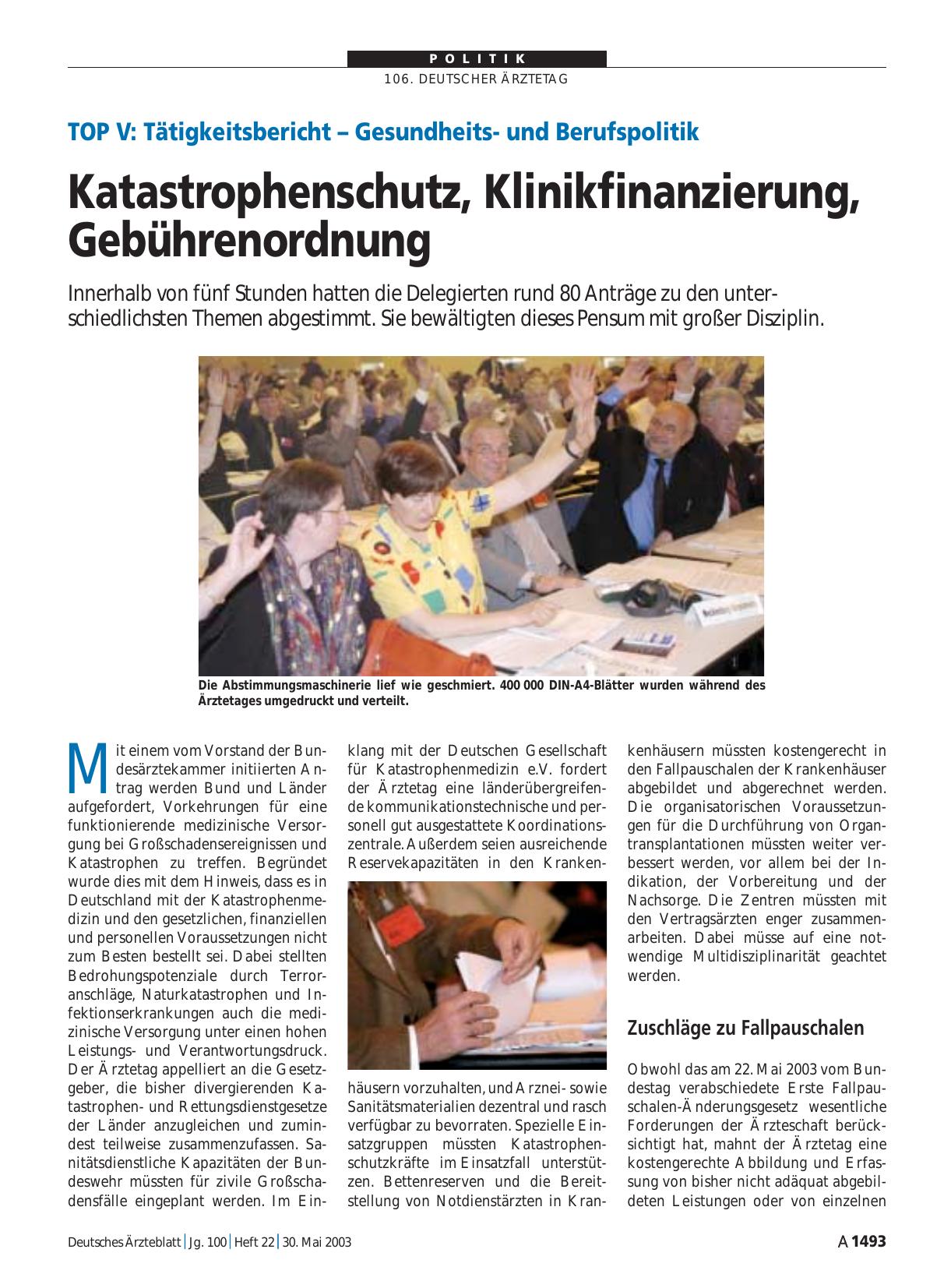 Vorschauseite 1: TOP V - Tätigkeitsbericht – Gesundheitsund Berufspolitik: Katastrophenschutz, Klinikfinanzierung, Gebührenordnung