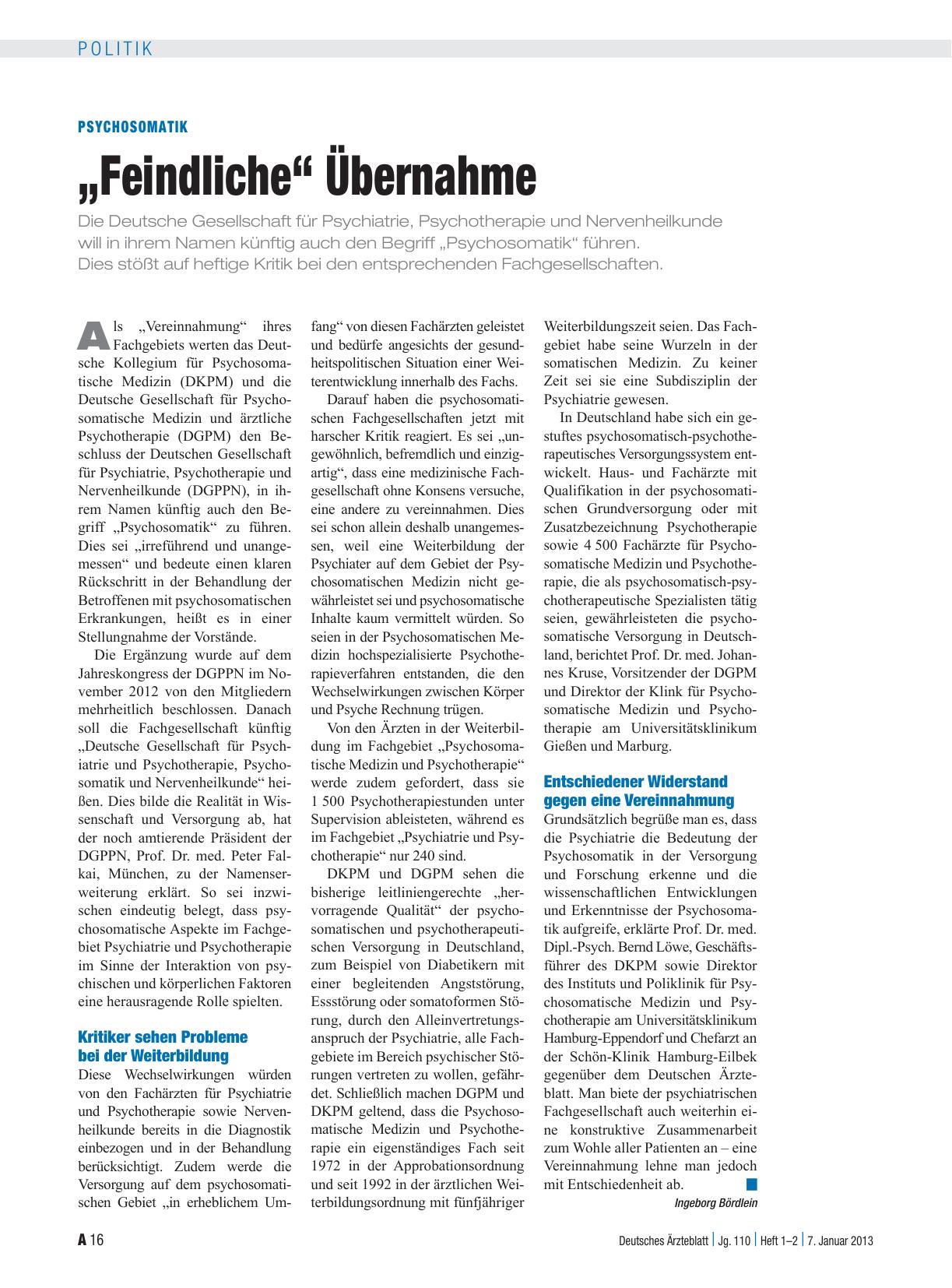 Vorschauseite 1: Psychosomatik: „Feindliche“ Übernahme