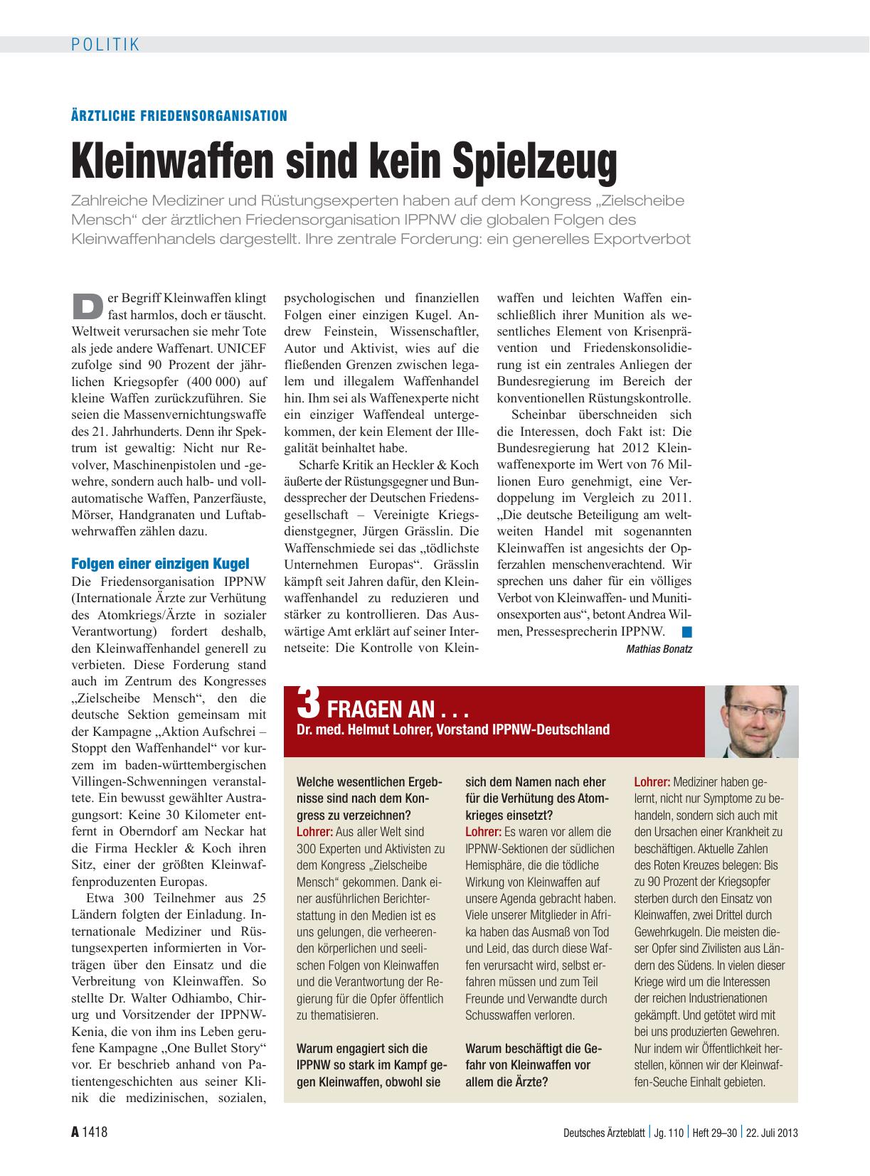 Vorschauseite 1: Ärztliche Friedensorganisation: Kleinwaffen sind kein Spielzeug
