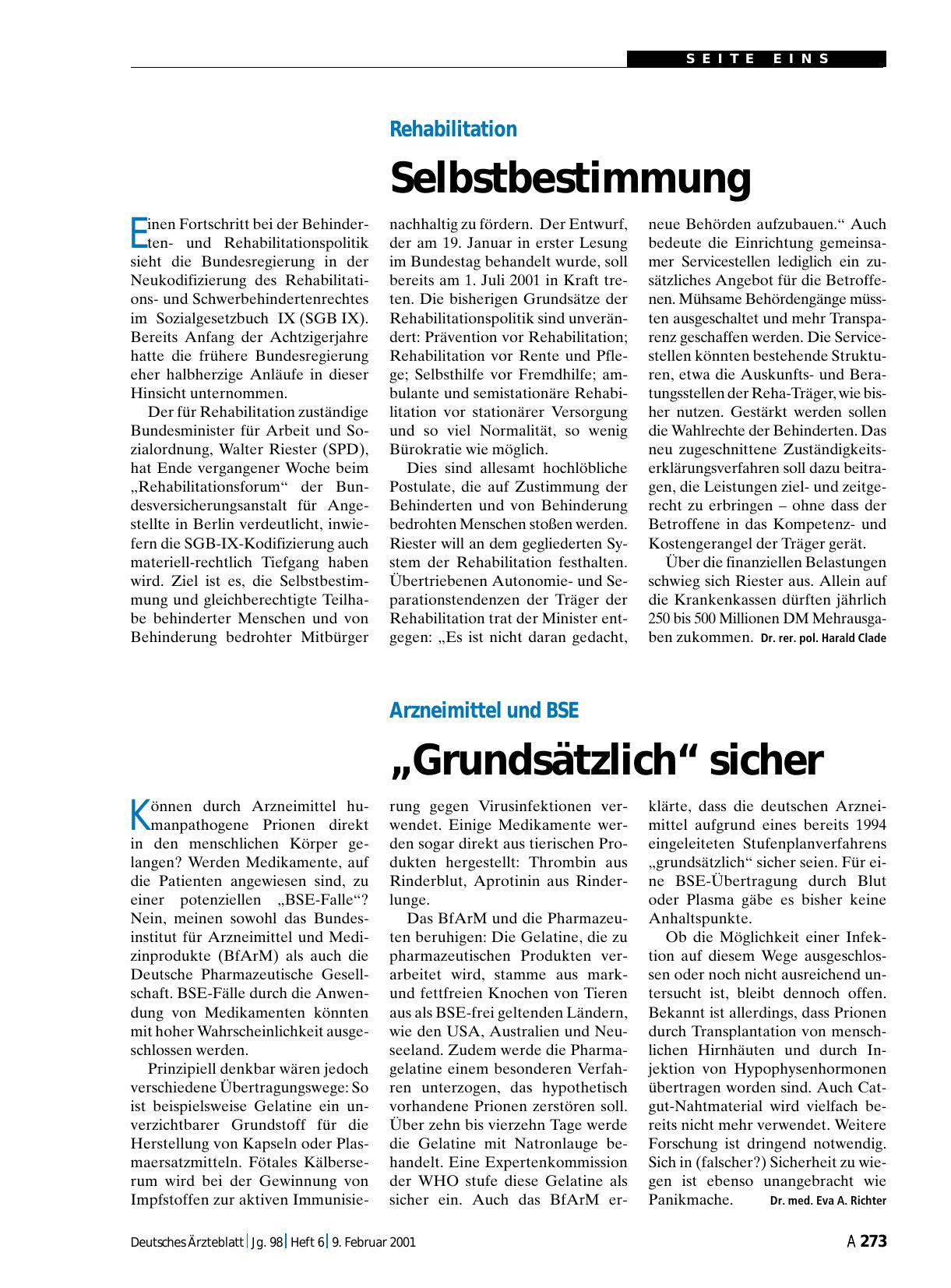 Vorschauseite 1: Arzneimittel und BSE: „Grundsätzlich“ sicher