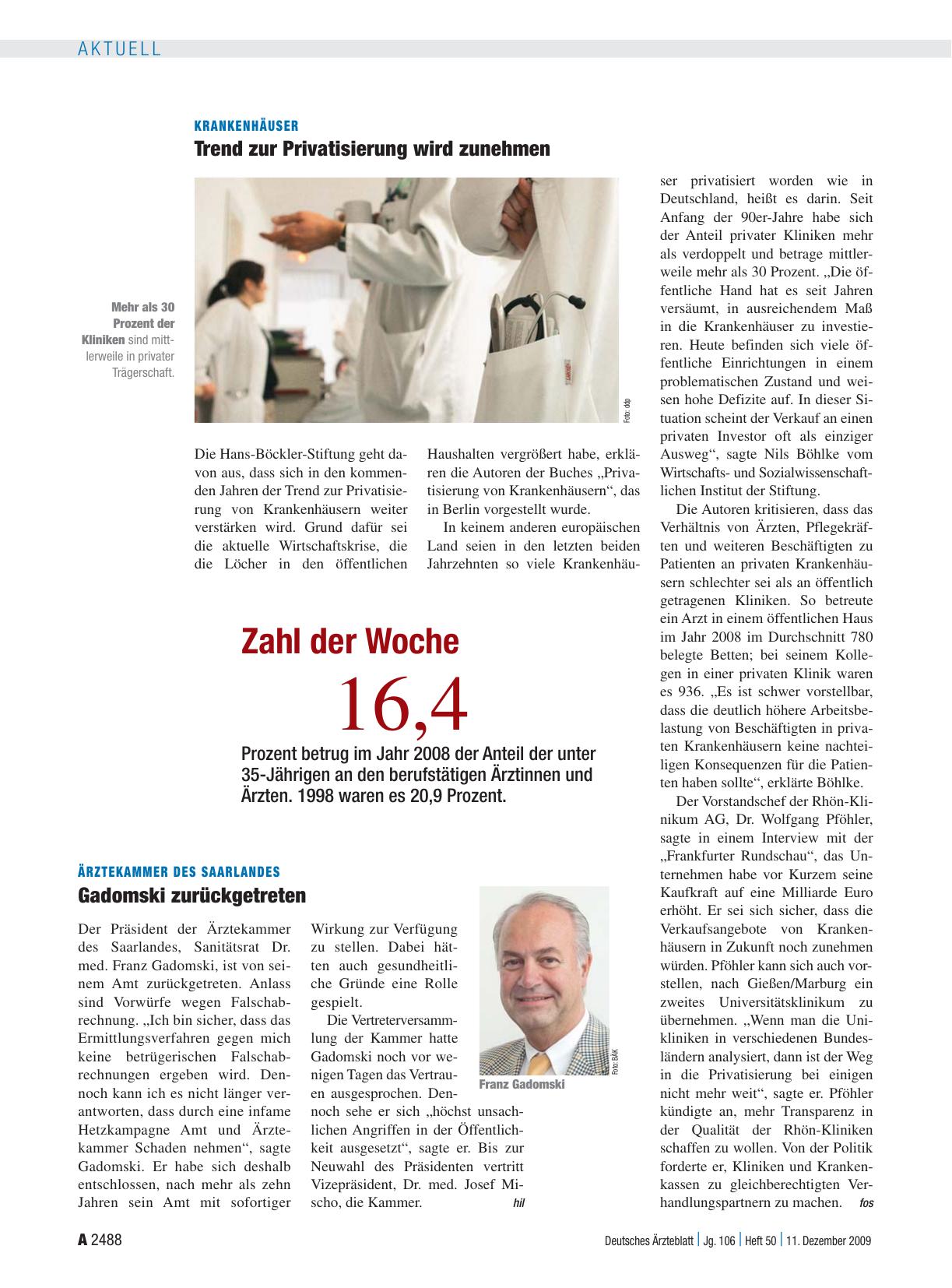Vorschauseite 1: Ärztekammer Des Saarlandes: Gadomski zurückgetreten