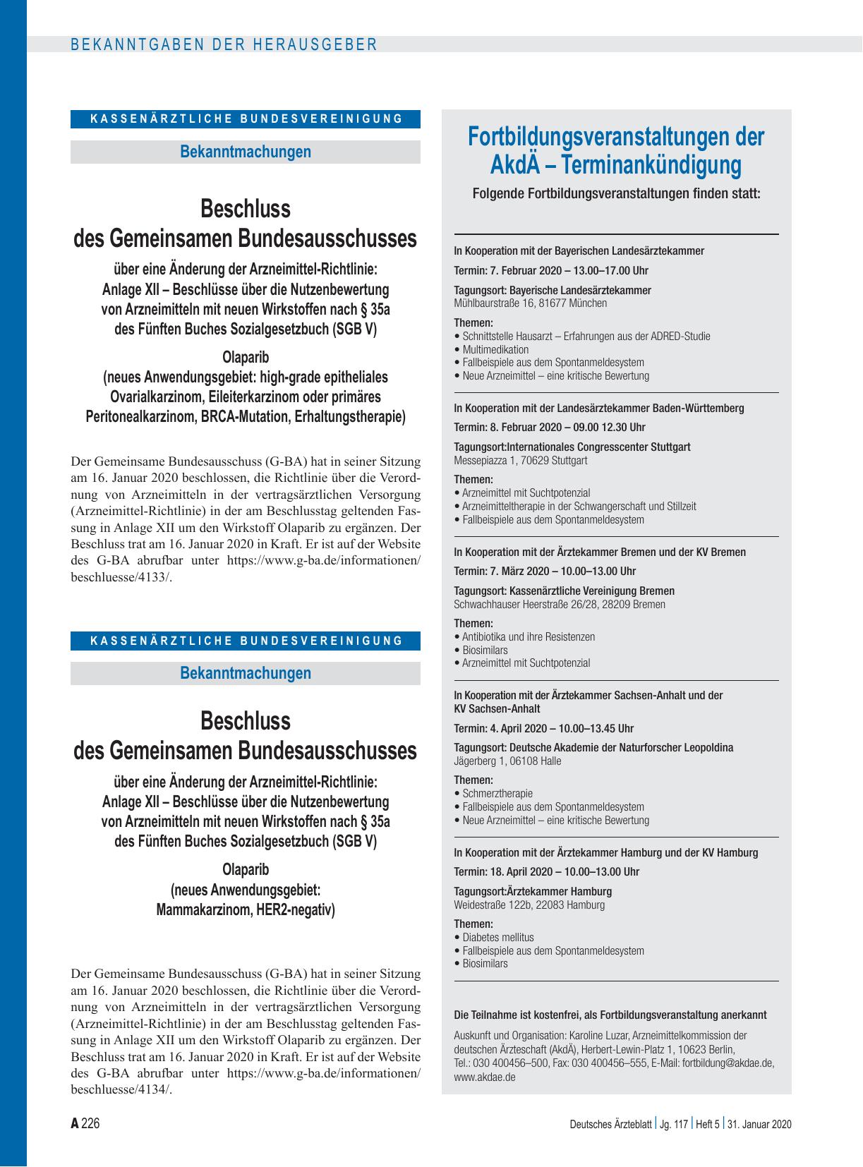 Vorschauseite 1: Beschluss des Gemeinsamen Bundesausschusses über eine Änderung der Arzneimittel-Richtlinie: Anlage XII – Olaparib (neues Anwendungsgebiet – Mammakarzinom, HER2-negativ)