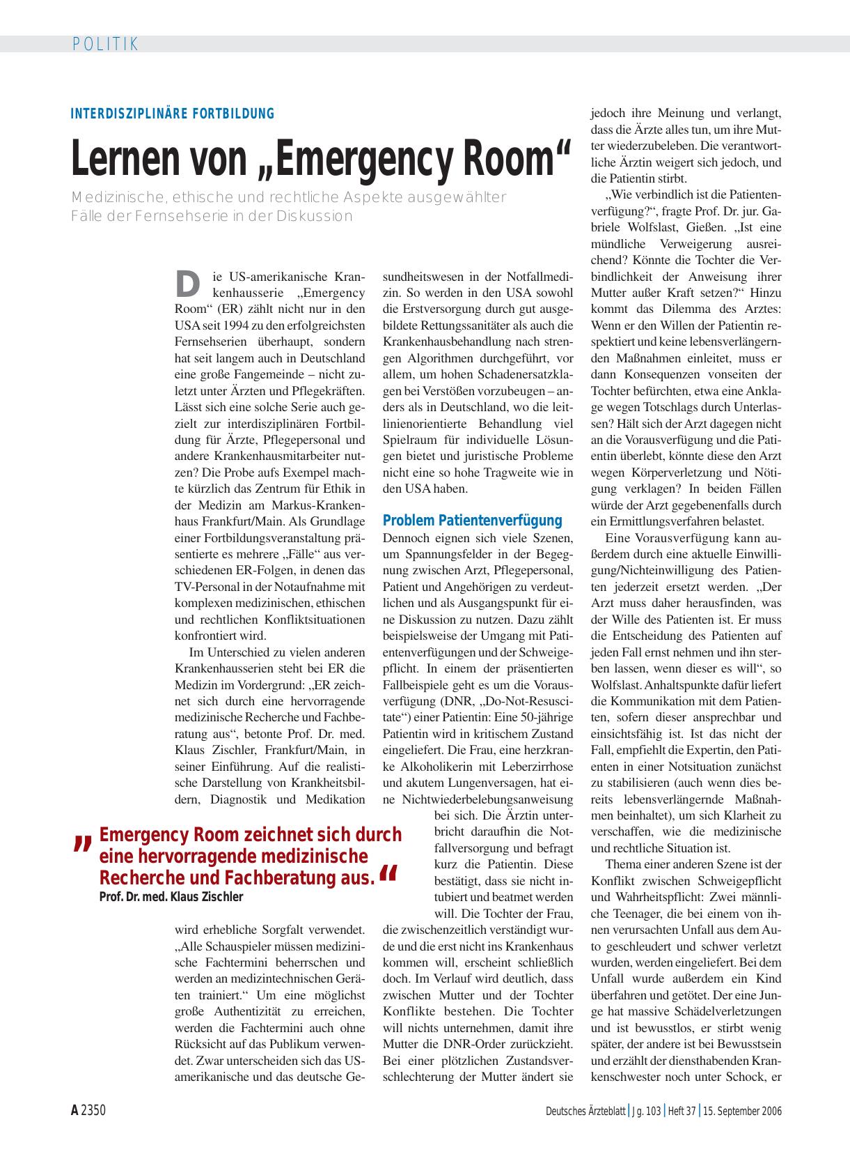 Vorschauseite 1: Interdisziplinäre Fortbildung: Lernen von „Emergency Room“