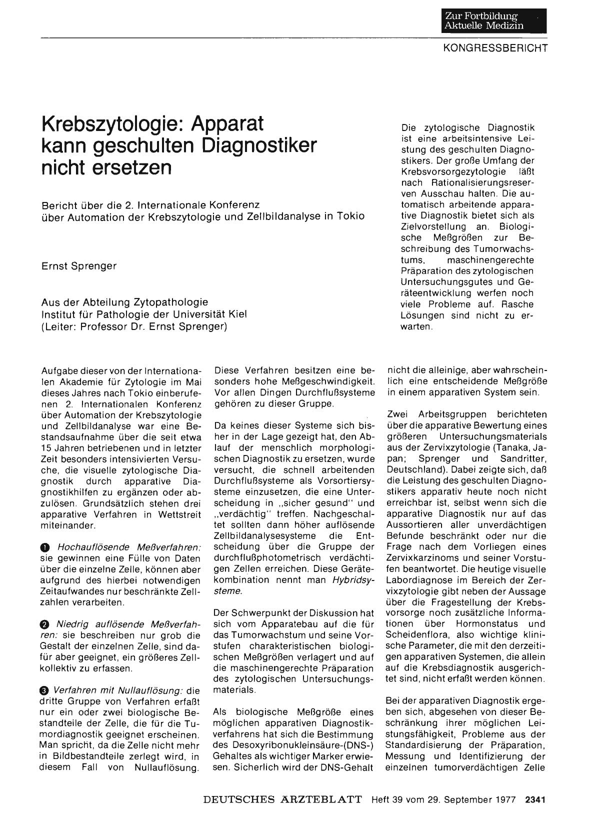 Vorschauseite 1: Krebszytologie: Apparat kann geschulten Diagnostiker nicht ersetzen: Bericht über die 2. Internationale Konferenz über Automation der Krebszytologie und Zellbildanalyse in Tokio