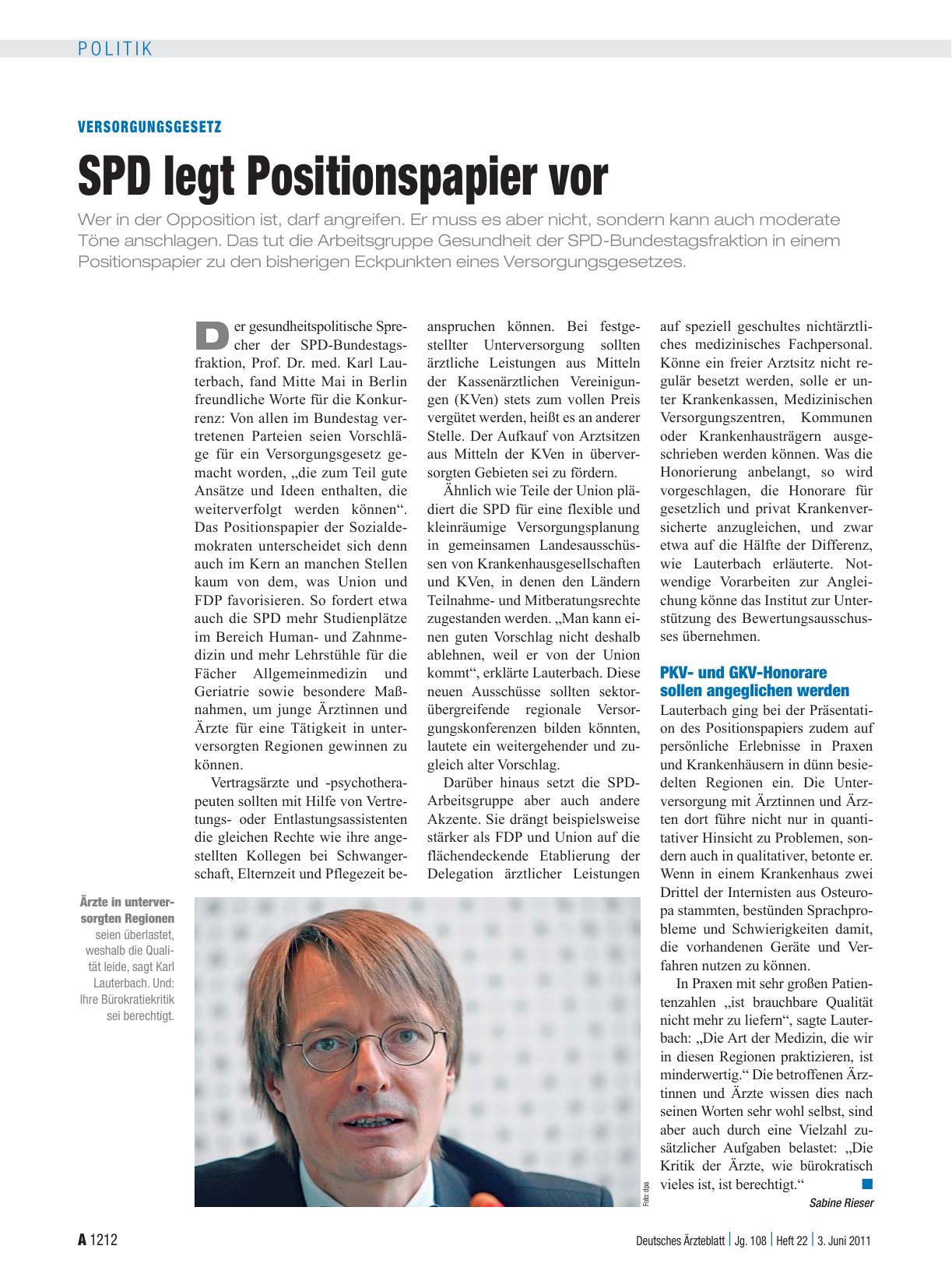 Vorschauseite 1: Versorgungsgesetz: SPD legt Positionspapier vor