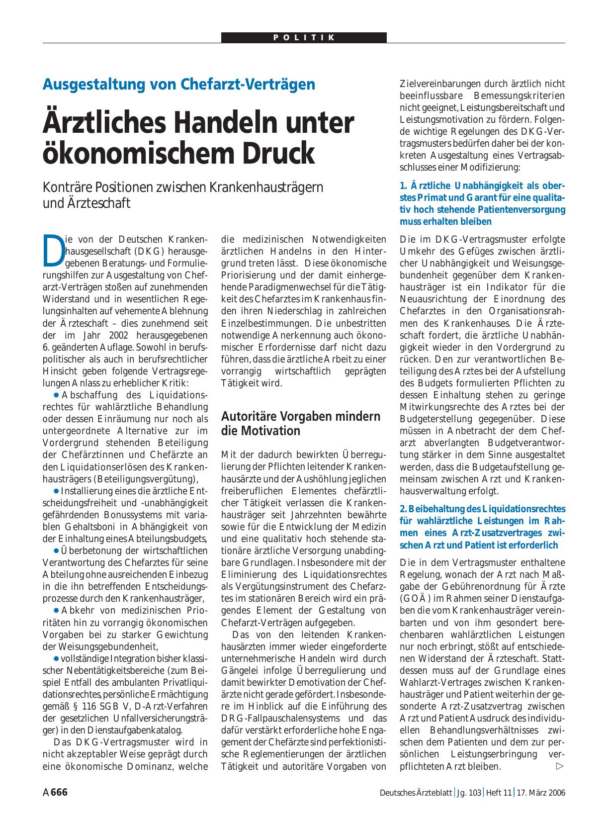 Vorschauseite 1: Ausgestaltung von Chefarzt-Verträgen: Ärztliches Handeln unter ökonomischem Druck