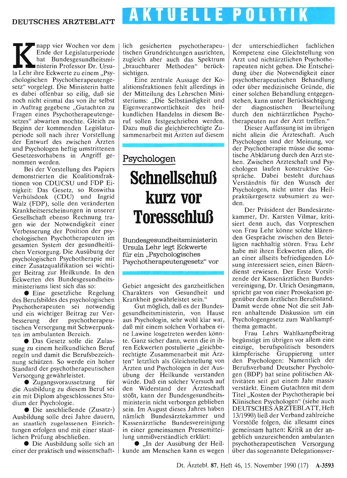 Vorschauseite 1: Psychologen: Schnellschuß kurz vor Toresschluß
