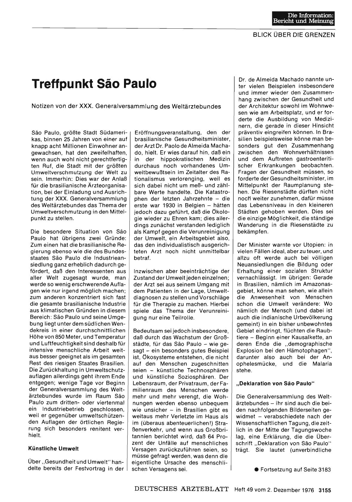 Vorschauseite 1: Treffpunkt Säo Paulo: Notizen von der XXX. Generalversammlung des Weltärztebundes - Teil 1
