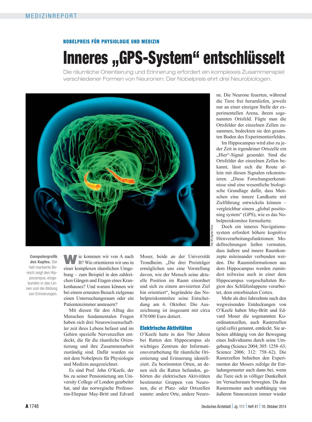 Vorschauseite 1: Nobelpreis für Physiologie und Medizin: Inneres „GPS-System“ entschlüsselt
