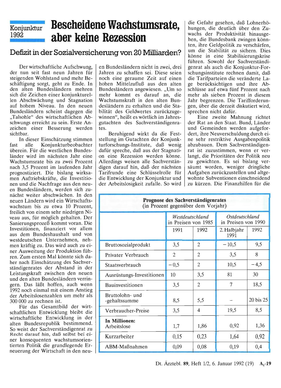 Vorschauseite 1: Konjunktur 1992: Bescheidene Wachstumsrate, aber keine Rezession