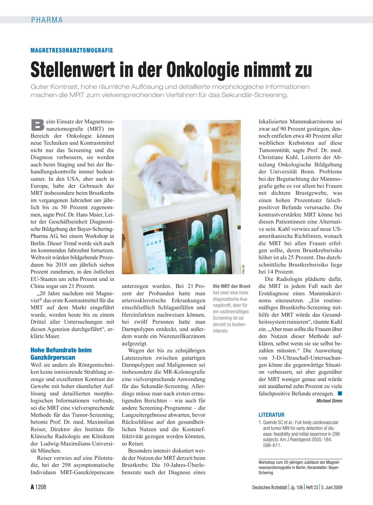 Vorschauseite 1: Magnetresonanztomografie: Stellenwert in der Onkologie nimmt zu