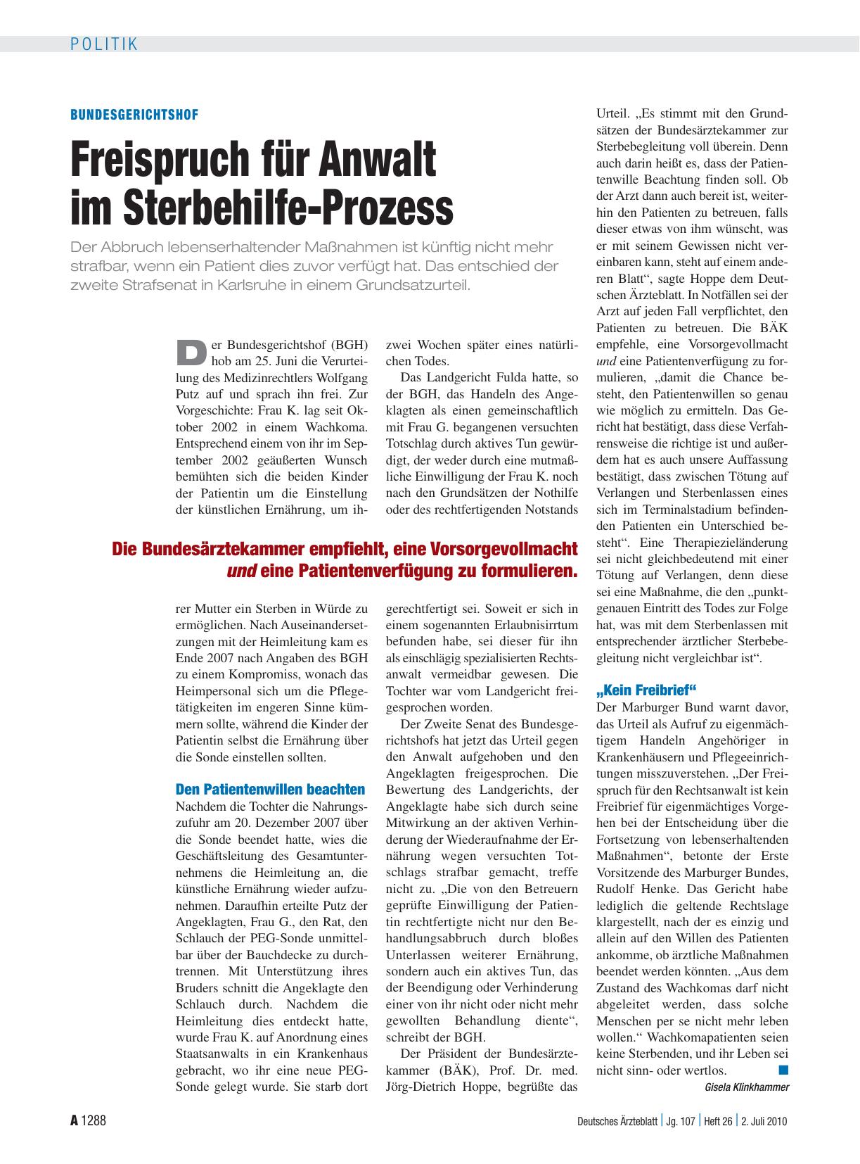 Vorschauseite 1: Bundesgerichtshof: Freispruch für Anwalt im Sterbehilfe-Prozess