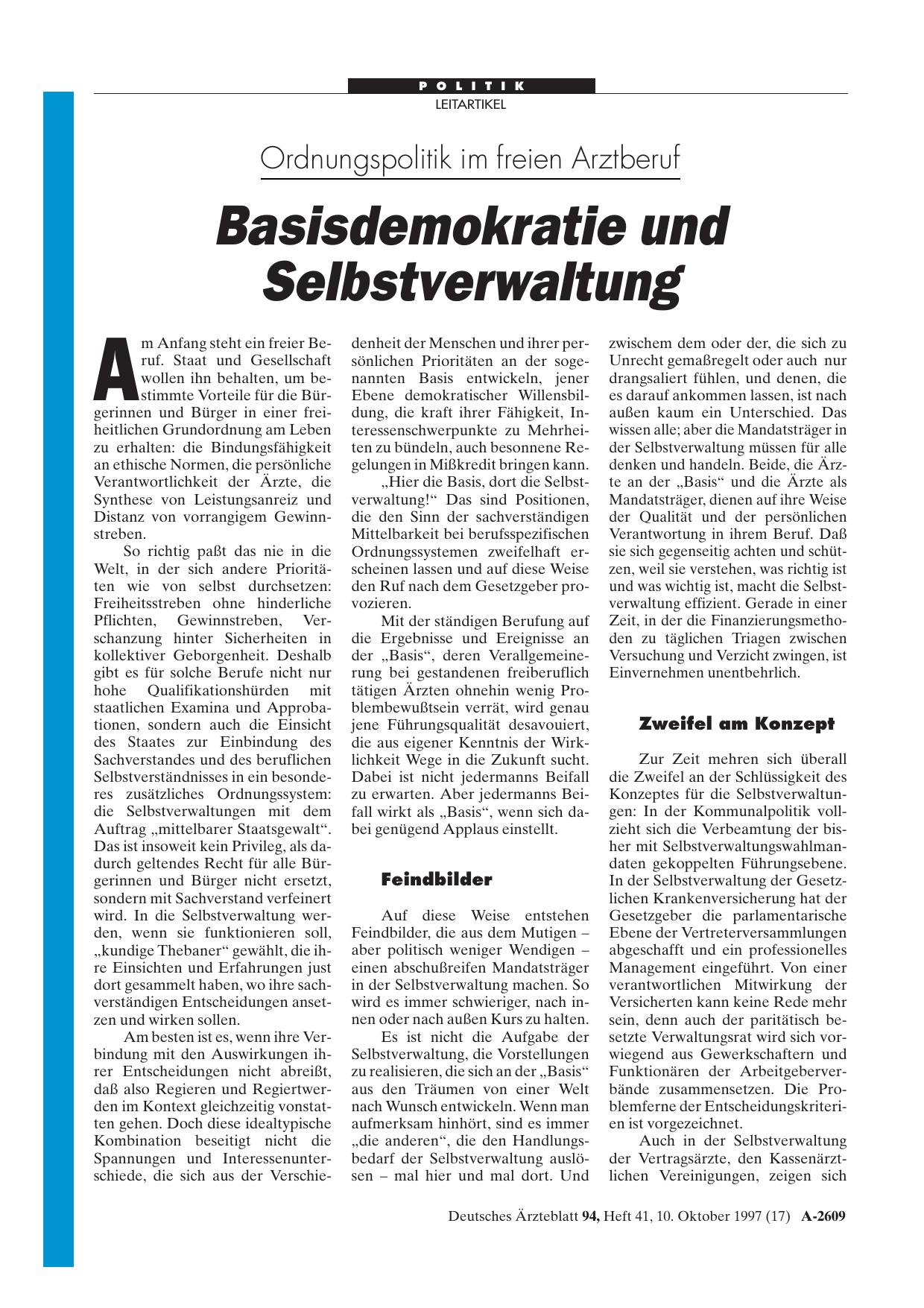 Vorschauseite 1: Ordnungspolitik im freien Arztberuf: Basisdemokratie und Selbstverwaltung