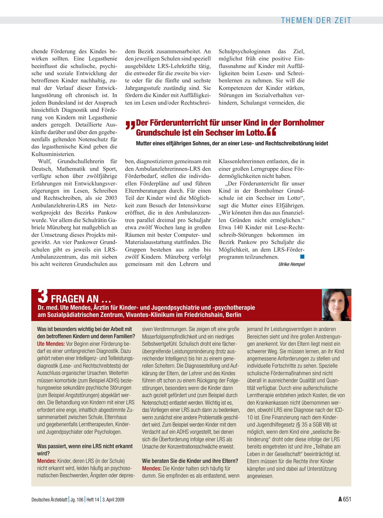 Vorschauseite 1: 3 Fragen an … Dr. med. Ute Mendes, Ärztin für Kinderund Jugendpsychiatrie und -psychotherapie am Sozialpädiatrischen Zentrum, Vivantes-Klinikum im Friedrichshain, Berlin