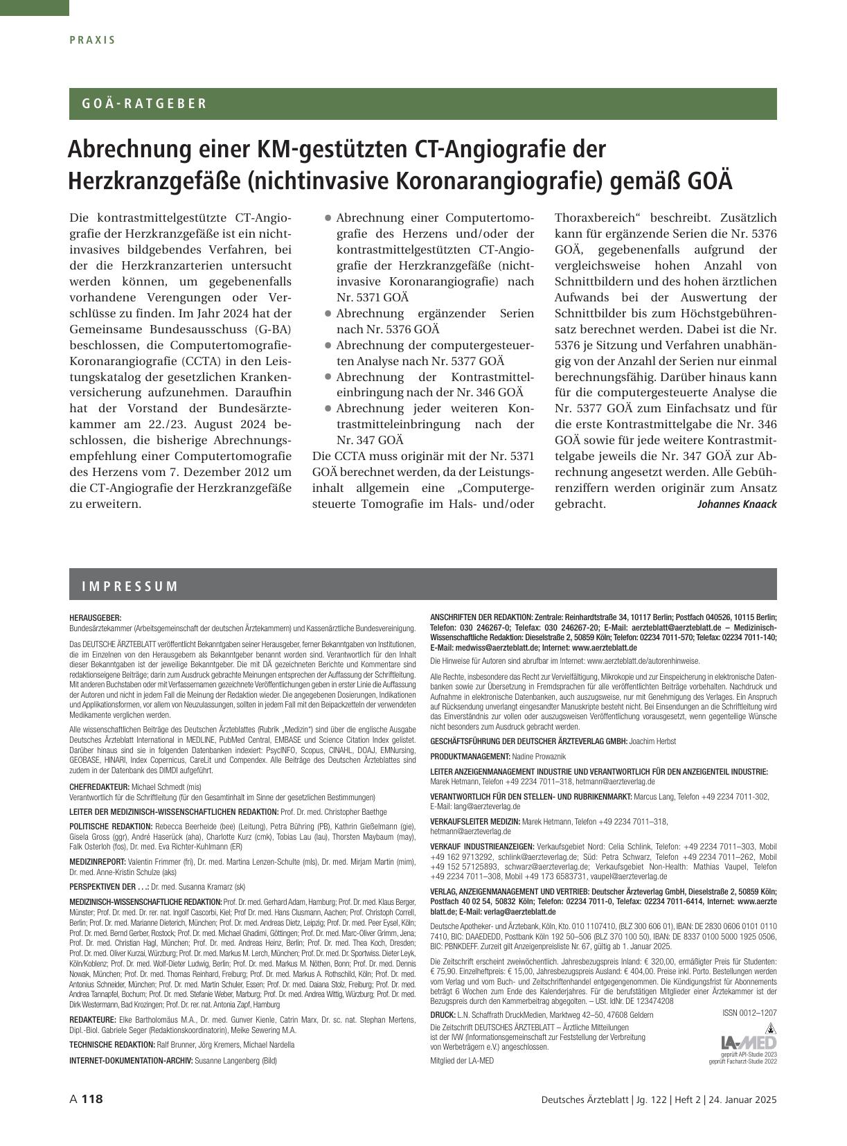 Vorschauseite 1: Abrechnung einer KM-gestützten CT-Angiografie der Herzkranzgefäße (nichtinvasive Koronarangiografie) gemäß GOÄ.