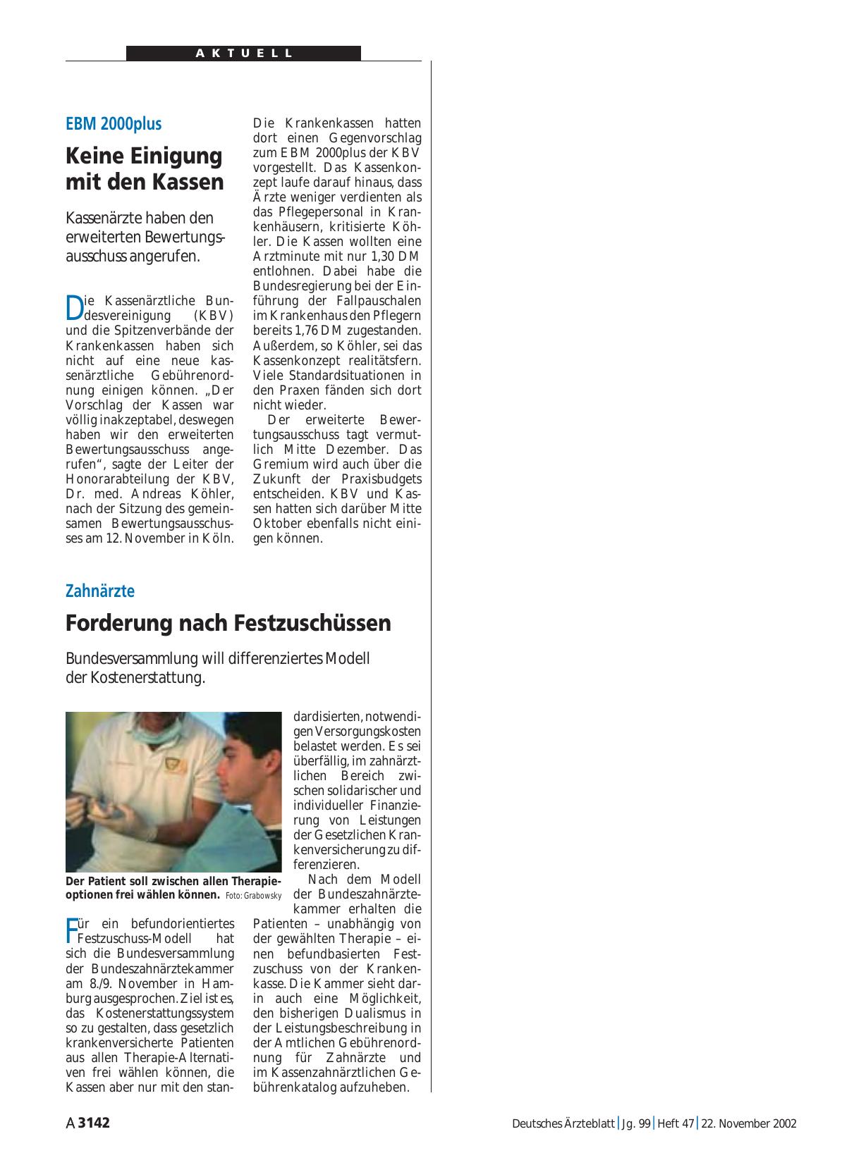 Vorschauseite 1: Zahnärzte: Forderung nach Festzuschüssen