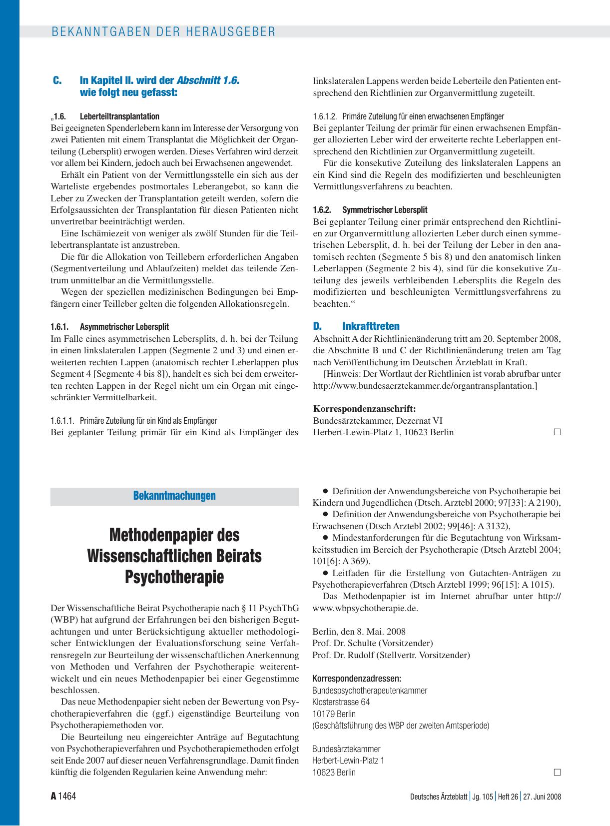 Vorschauseite 1: Bekanntmachungen: Methodenpapier des Wissenschaftlichen Beirats Psychotherapie