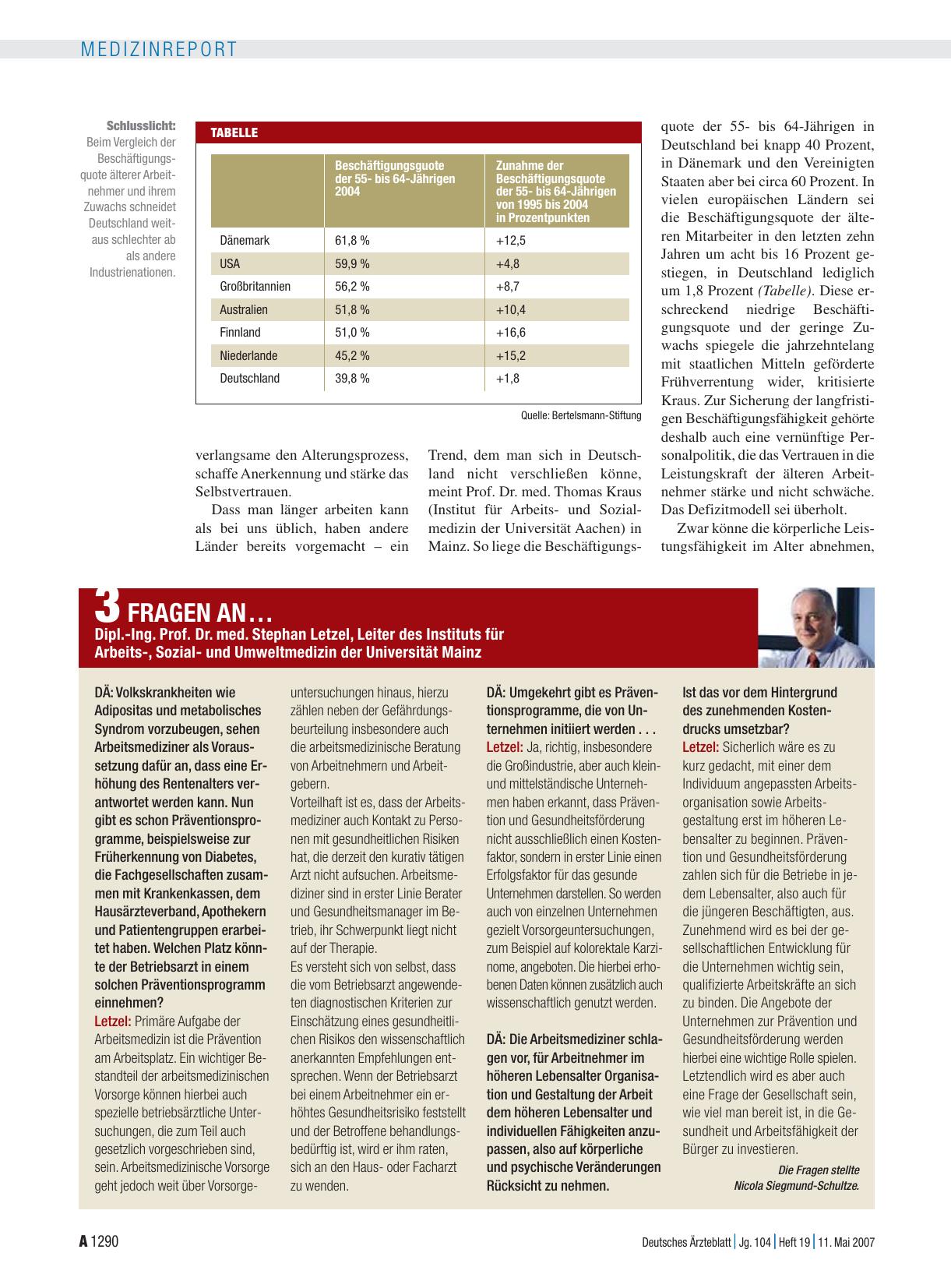 Vorschauseite 1: 3 Fragen an… Dipl. -Ing. Prof. Dr. med. Stephan Letzel, Leiter des Instituts für Arbeits-, Sozialund Umweltmedizin der Universität Mainz