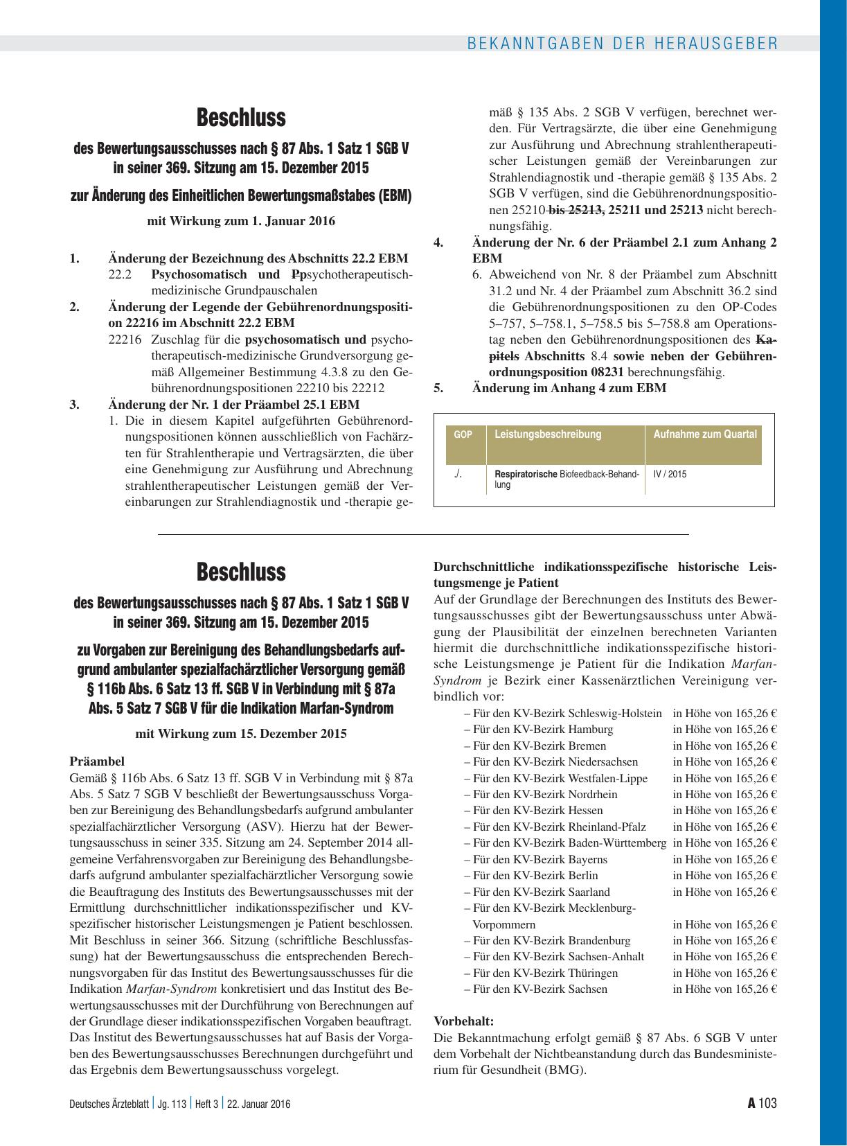 Vorschauseite 1: Beschluss des Bewertungsausschusses nach § 87 Abs. 1 Satz 1 SGB V in seiner 369. Sitzung am 15. Dezember 2015 zur Änderung des Einheitlichen Bewertungsmaßstabes (EBM)