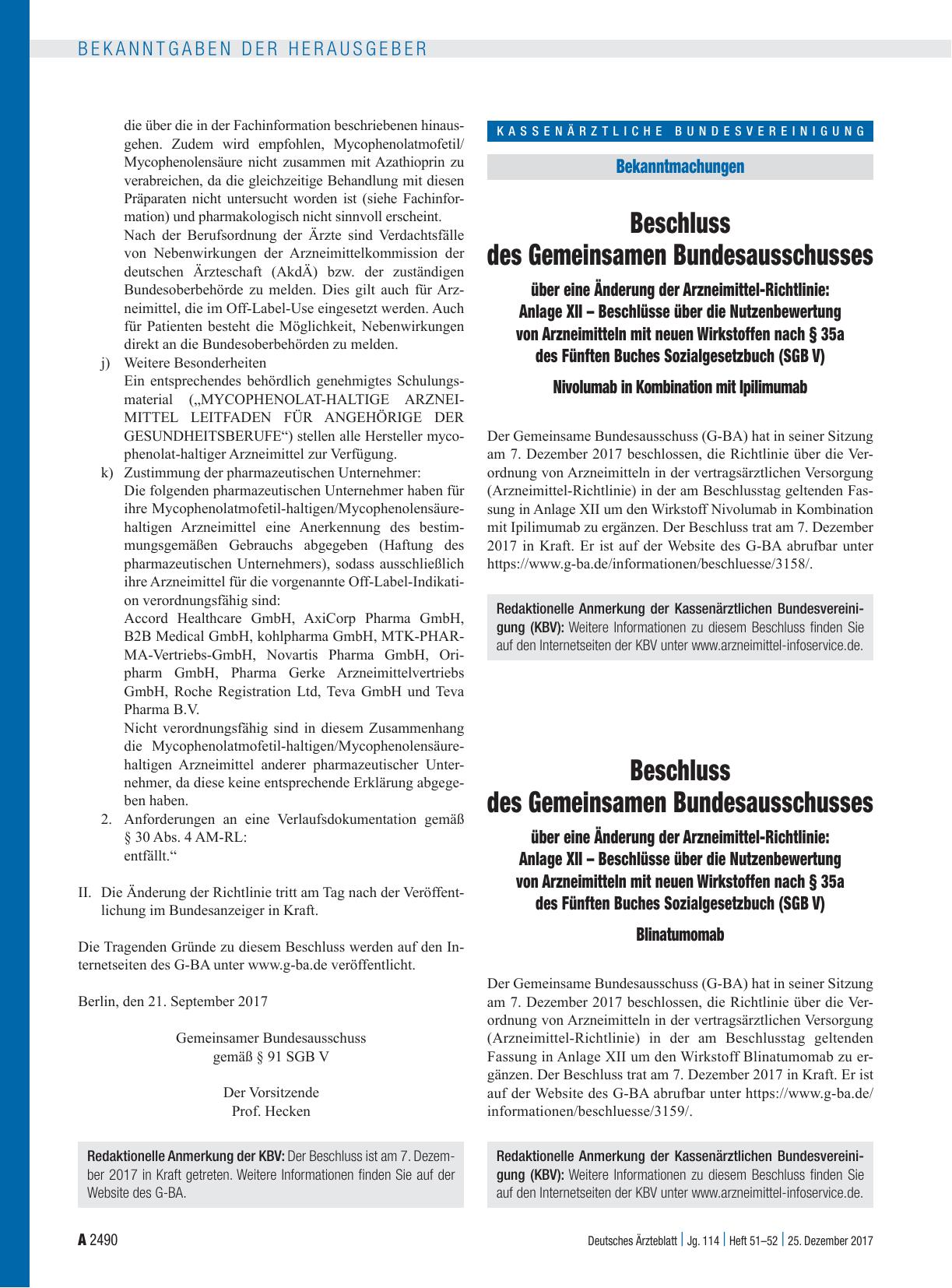 Vorschauseite 1: Beschluss des Gemeinsamen Bundesausschusses über eine Änderung der Arzneimittel-Richtlinie: Anlage XII – Nivolumab in Kombination mit Ipilimumab