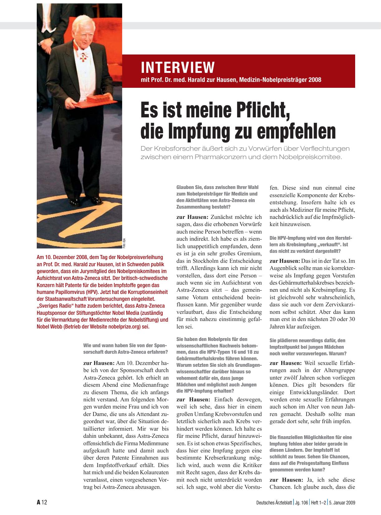 Vorschauseite 1: Interview mit Prof. Dr. med. Harald zur Hausen, Medizin-Nobelpreisträger 2008: Es ist meine Pflicht, die Impfung zu empfehlen