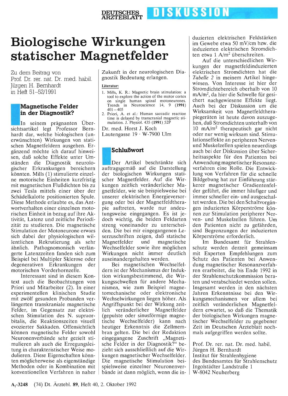 Vorschauseite 1: Biologische Wirkungen statischer Magnetfelder: Schlußwort