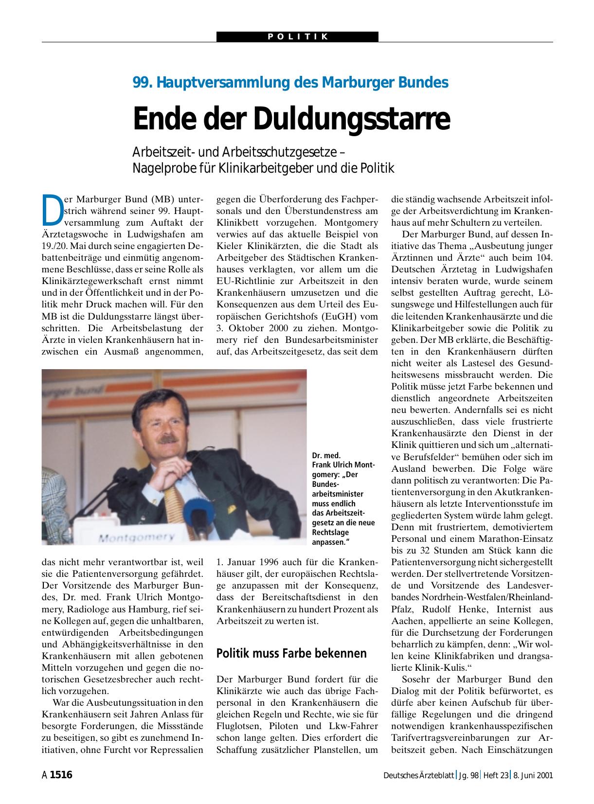 Vorschauseite 1: 99. Hauptversammlung des Marburger Bundes: Ende der Duldungsstarre