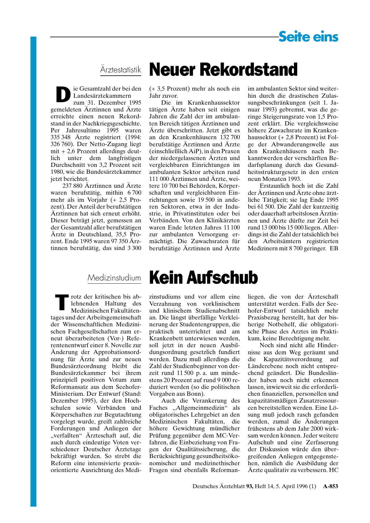 Vorschauseite 1: Ärztestatistik: Neuer Rekordstand