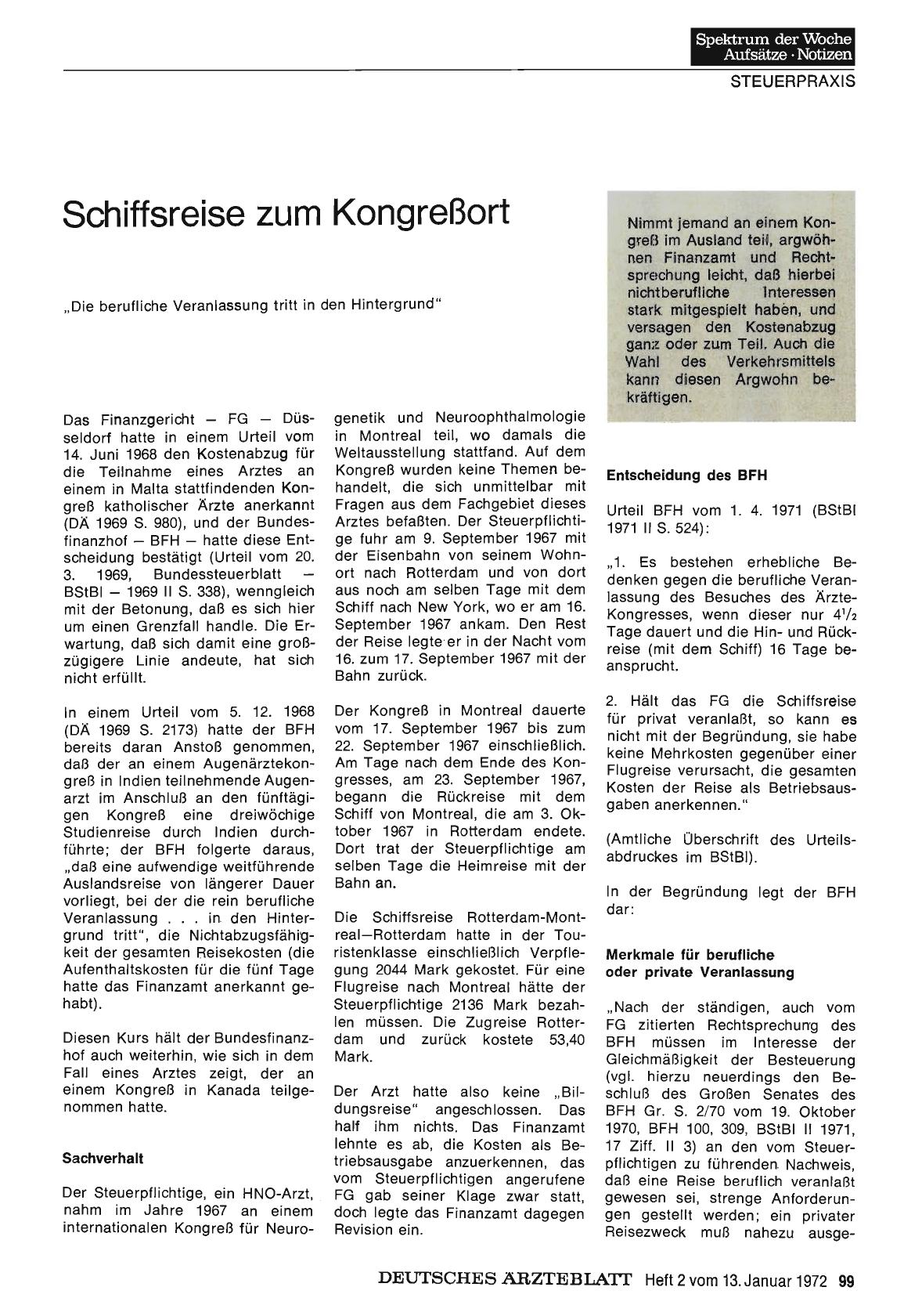 Vorschauseite 1: Schiffsreise zum Kongreßort: „Die berufliche Veranlassung tritt in den Hintergrund"