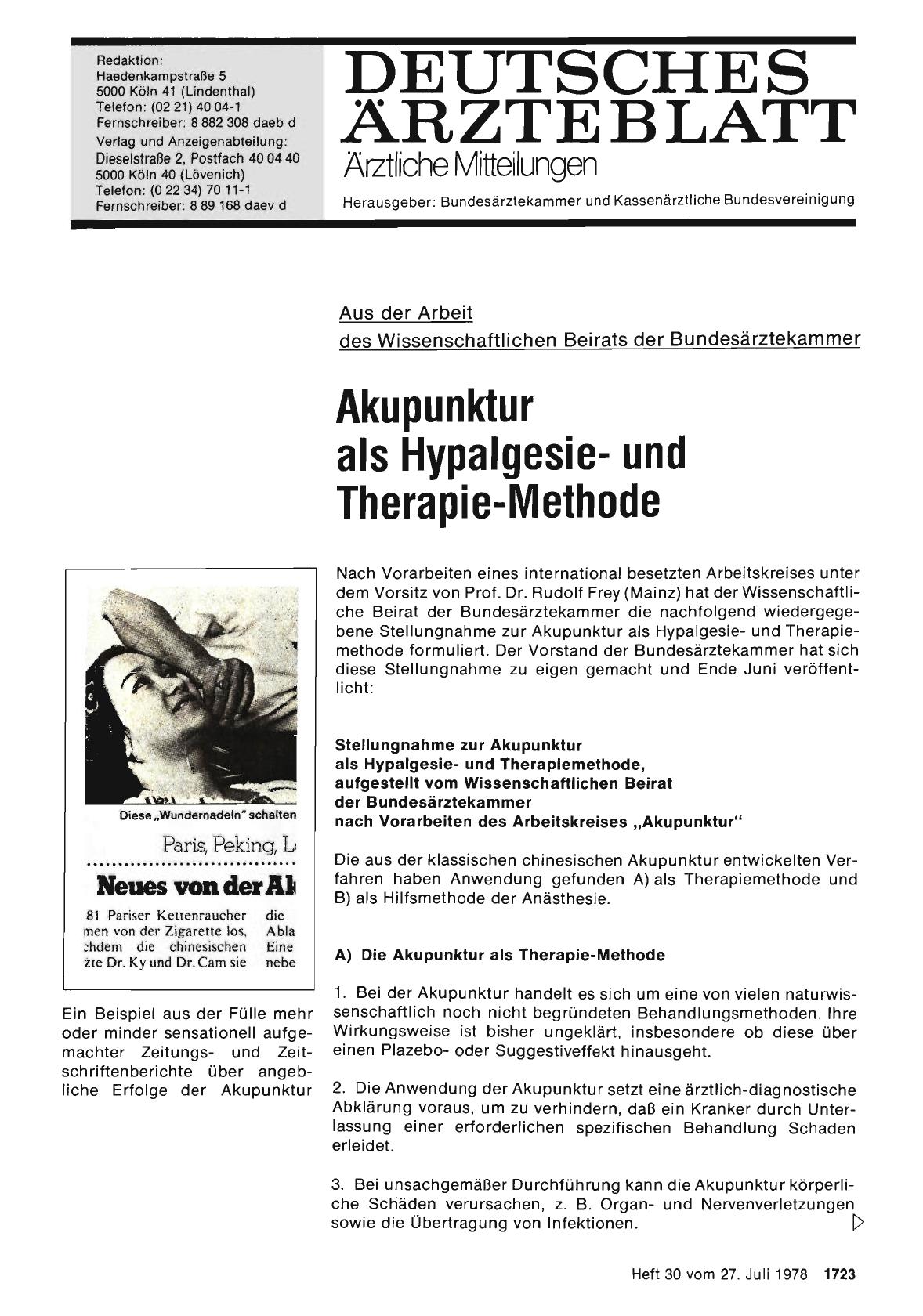 Vorschauseite 1: Aus der Arbeit des Wissenschaftlichen Beirats der Bundesärztekammer: Akupunktur als Hypalgesieund Therapie-Methode