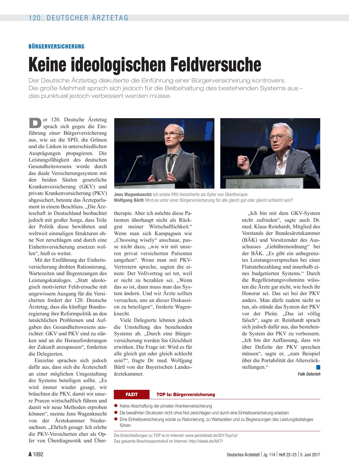Vorschauseite 1: Bürgerversicherung: Keine ideologischen Feldversuche
