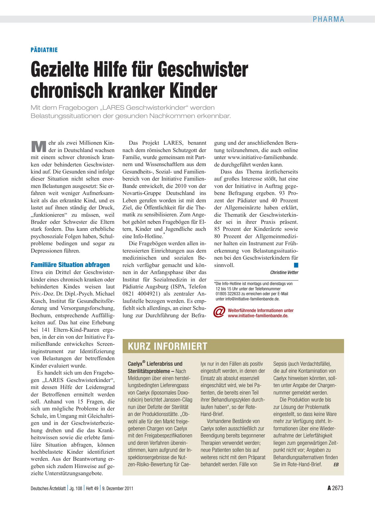 Vorschauseite 1: Pädiatrie: Gezielte Hilfe für Geschwister chronisch kranker Kinder