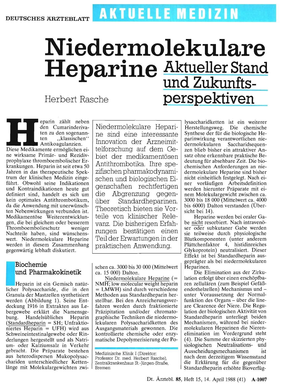Vorschauseite 1: Niedermolekulare Heparine: Aktueller Stand und Zukunftsperspektiven