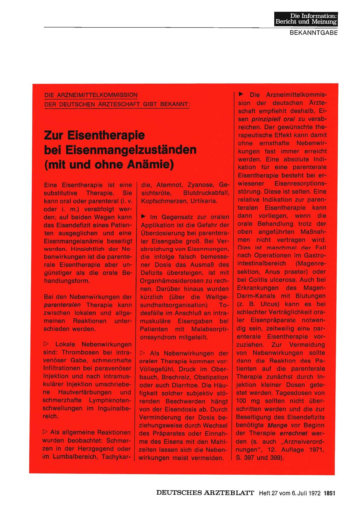 Vorschauseite 1: Die Arzneimittelkommission der Deutschen Ärzteschaft gibt bekannt: Zur Eisentherapie bei Eisenmangelzuständen (mit und ohne Anämie)