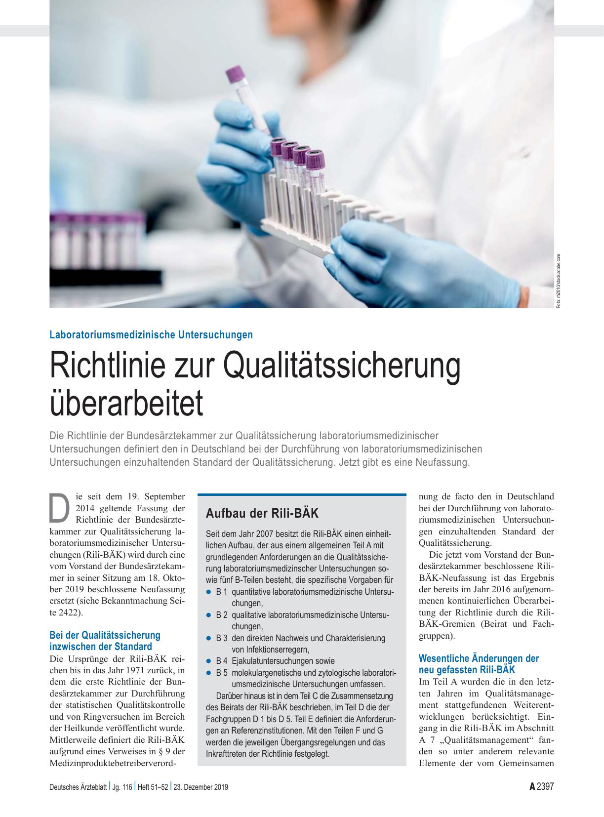 Vorschauseite 1: Laboratoriumsmedizinische Untersuchungen: Richtlinie zur Qualitätssicherung überarbeitet