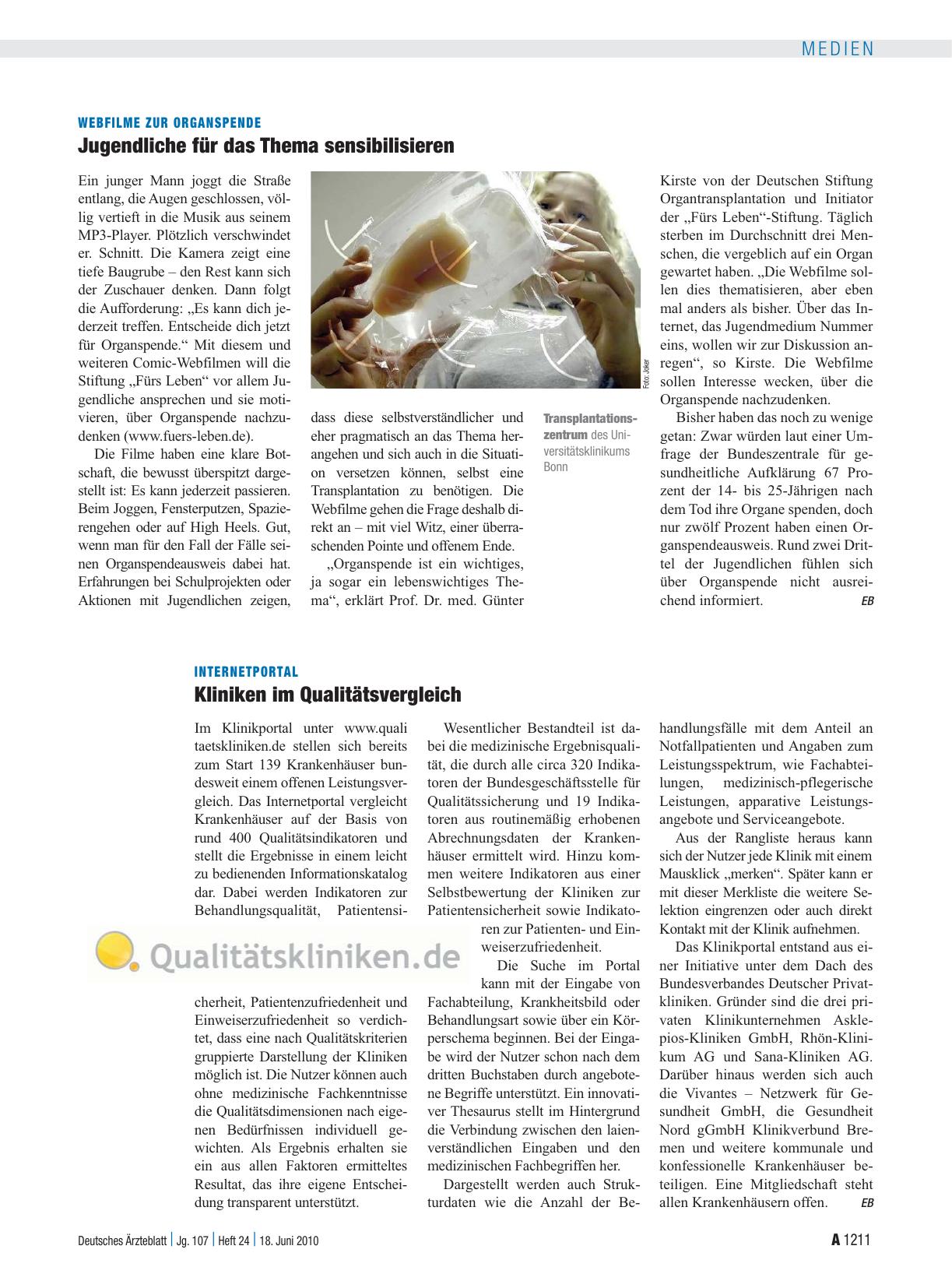 Vorschauseite 1: Internetportal: Kliniken im Qualitätsvergleich