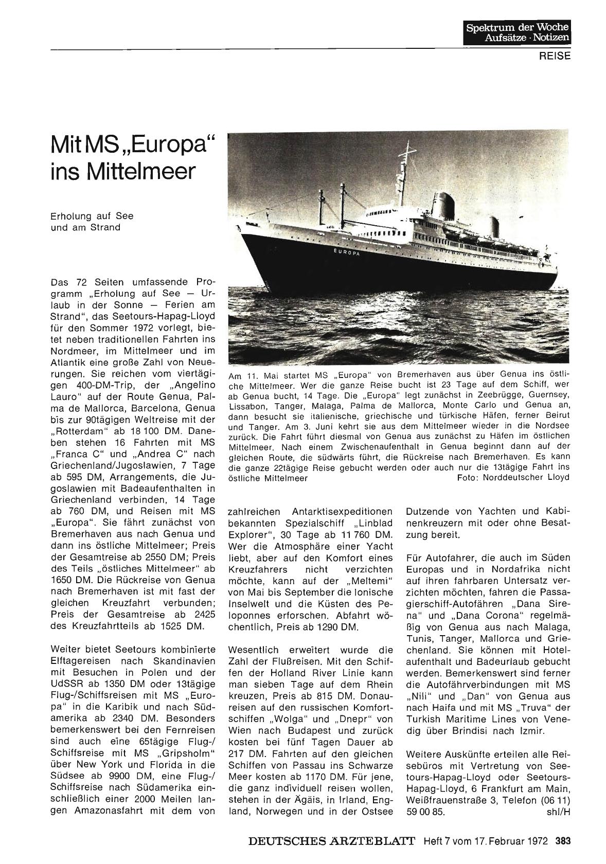 Vorschauseite 1: Mit MS „Europa" ins Mittelmeer