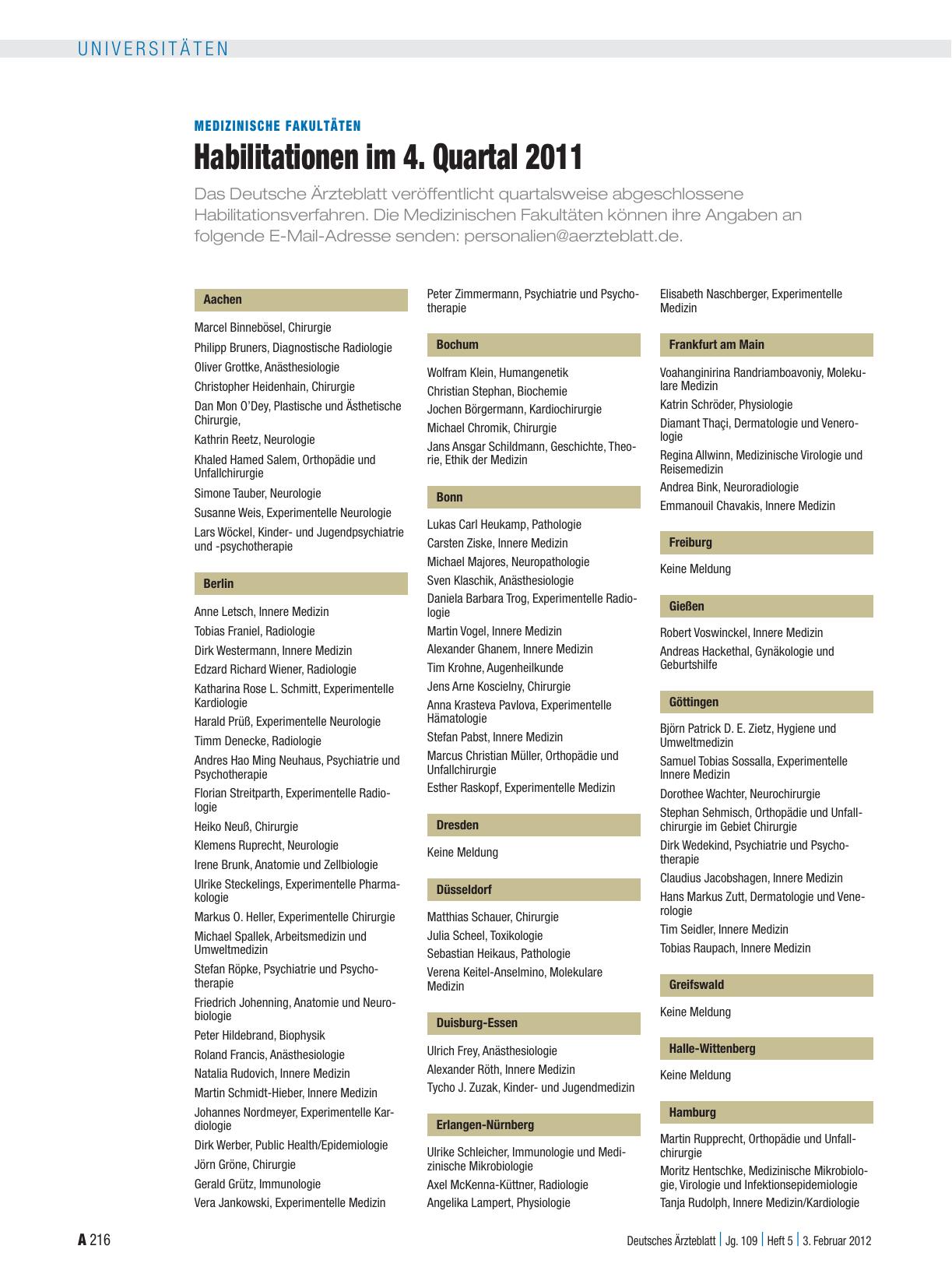 Vorschauseite 1: Medizinische Fakultäten: Habilitationen im 4. Quartal 2011