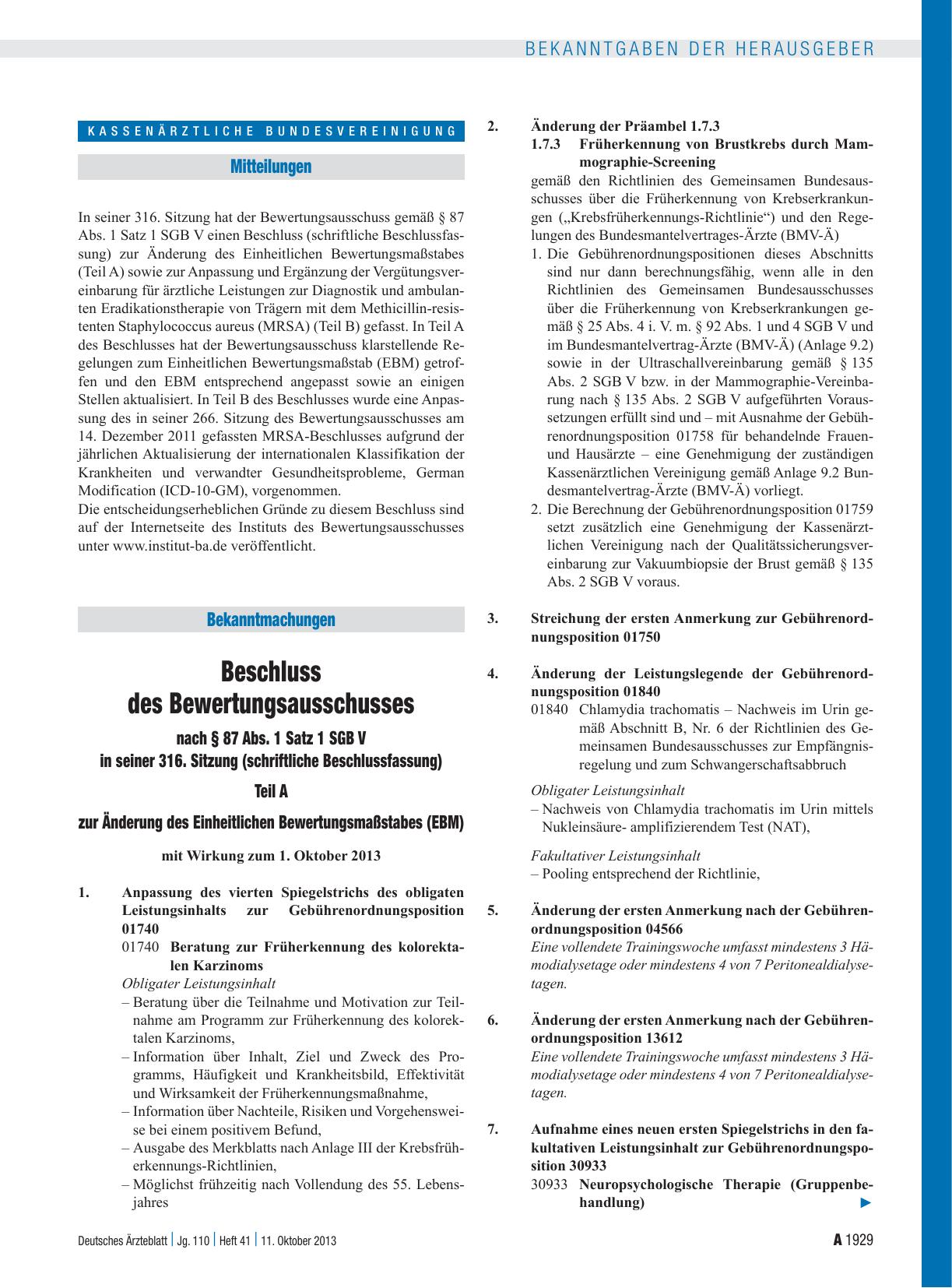 Vorschauseite 1: Beschluss des Bewertungsausschusses nach § 87 Abs. 1 Satz 1 SGB V in seiner 316. Sitzung (schriftliche Beschlussfassung)